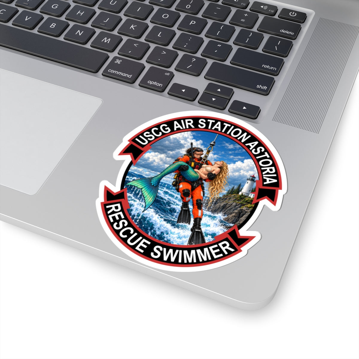 USCG Air Station Astoria rescue swimmer kiss-cut sticker, 4″ × 4″