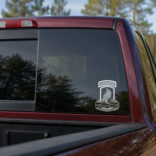 173rd Airborne BCT with Combat Action Badge CAB vinyl decal displayed on a dark tinted pickup rear window