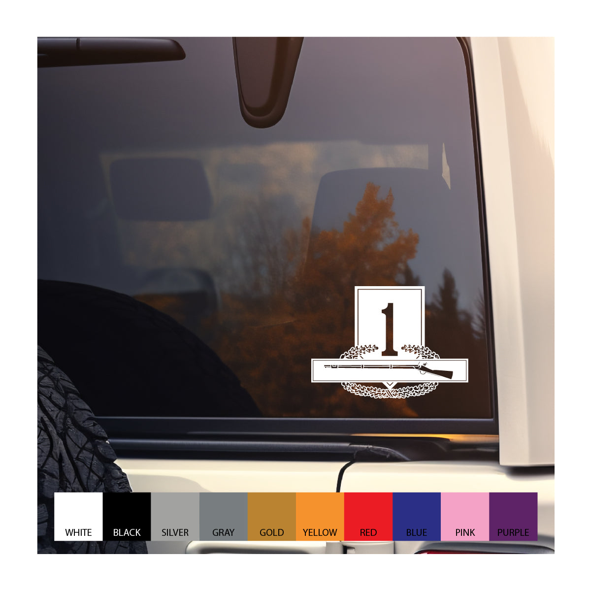 White vinyl 1st Infantry Division veteran decal on a vehicle window.