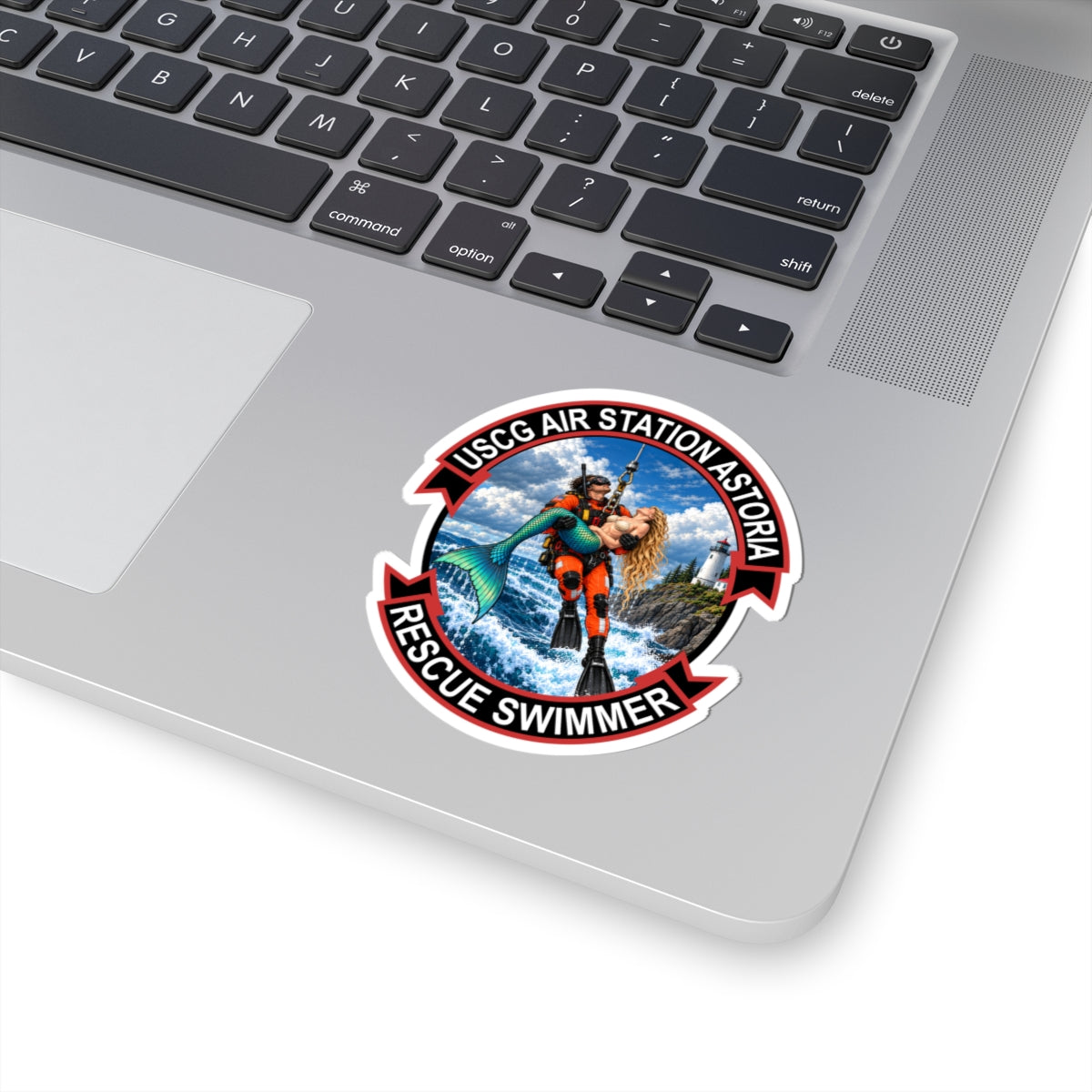 USCG Air Station Astoria rescue swimmer kiss-cut sticker, 3″ × 3″