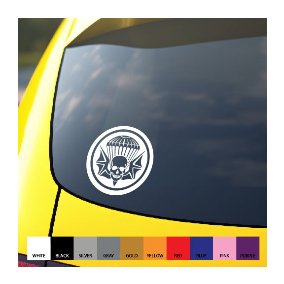 A vinyl decal of the 101st Airborne 502nd Parachute Infantry patch, displayed on a vehicle window, with color options shown below.