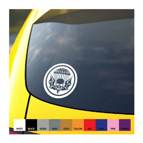 A vinyl decal of the 101st Airborne 502nd Parachute Infantry patch, displayed on a vehicle window, with color options shown below.