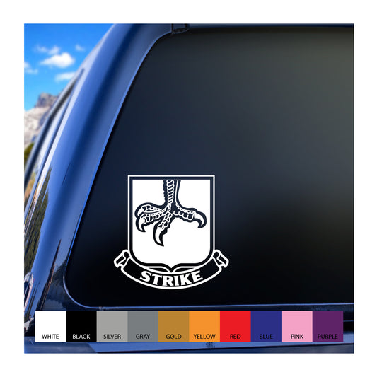 A vehicle decal featuring the 101st Airborne 502nd Infantry Regiment unit insignia in white on a black vehicle window.