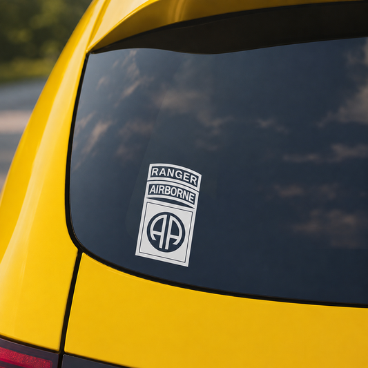 White 82nd Airborne Ranger vinyl decal on a dark rear vehicle window