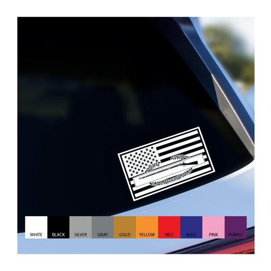 A vinyl decal featuring the Combat Infantry Badge embedded in a US Flag, displayed on a vehicle window.