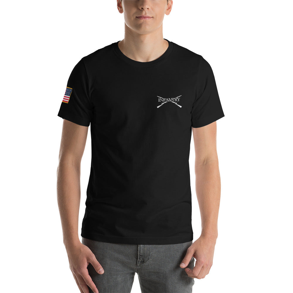 A short-sleeve black t-shirt with a graphic of crossed muskets and an American flag on the front.