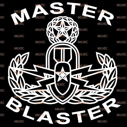 A vinyl decal featuring the text 'MASTER BLASTER' with an EOD Master badge