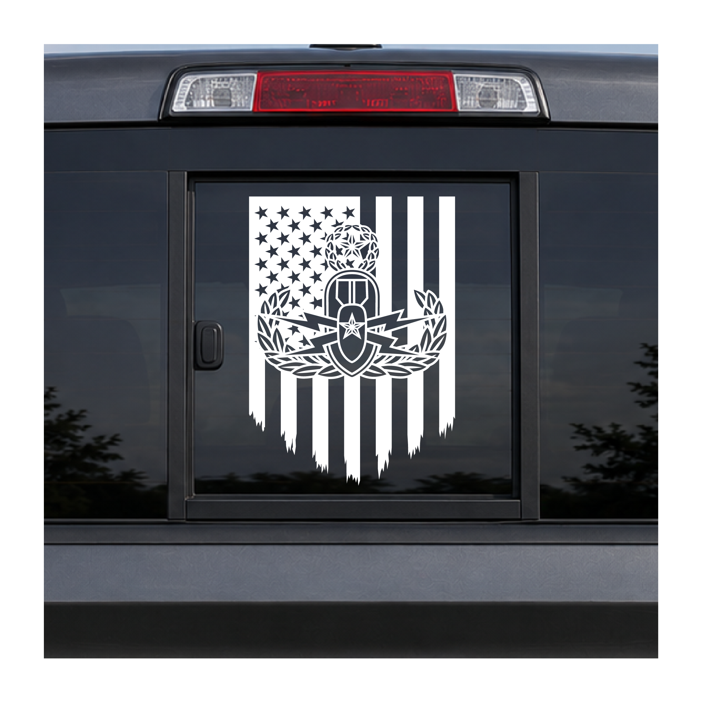 EOD Master badge on tattered US Flag