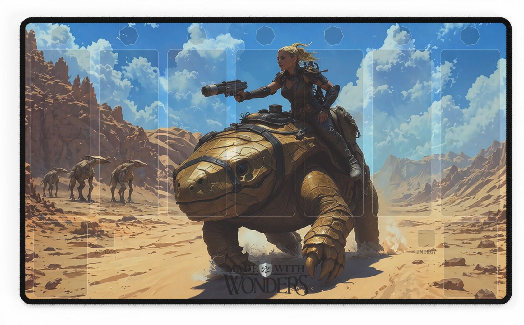 Person riding a mechanical dinosaur in a desert landscape with mountains in the background