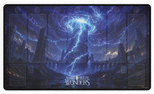 Fantasy-themed playmat with a mystical design on a white background