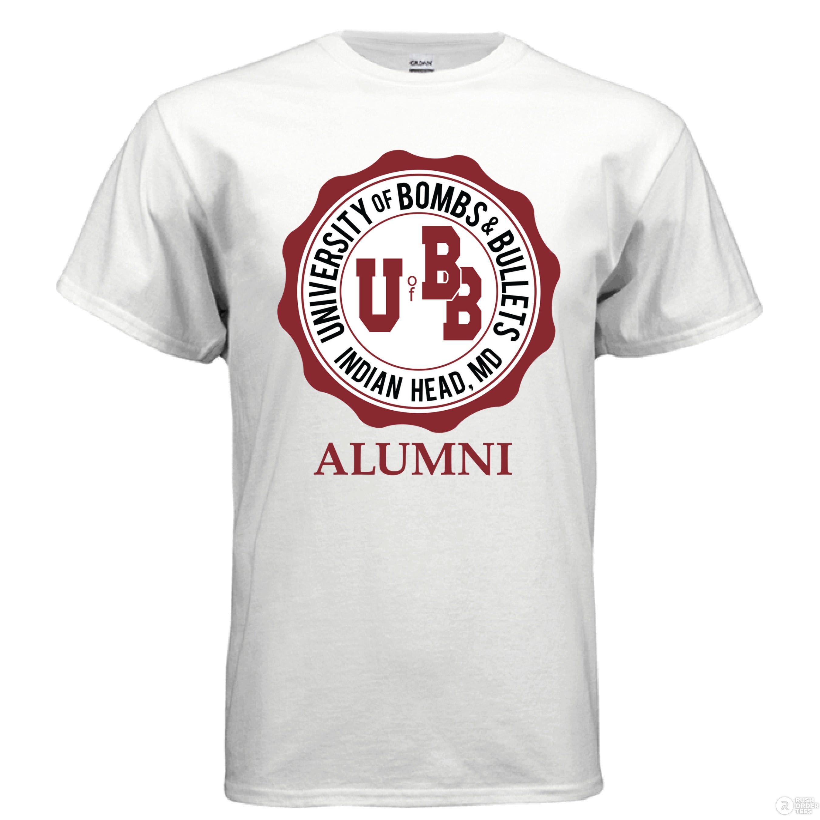 University of Bombs and Bullets Indian Head Alumni white t-shirt