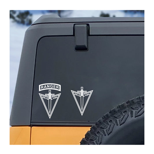 White RSLC vinyl decal shown with and without Ranger tab on a dark vehicle window