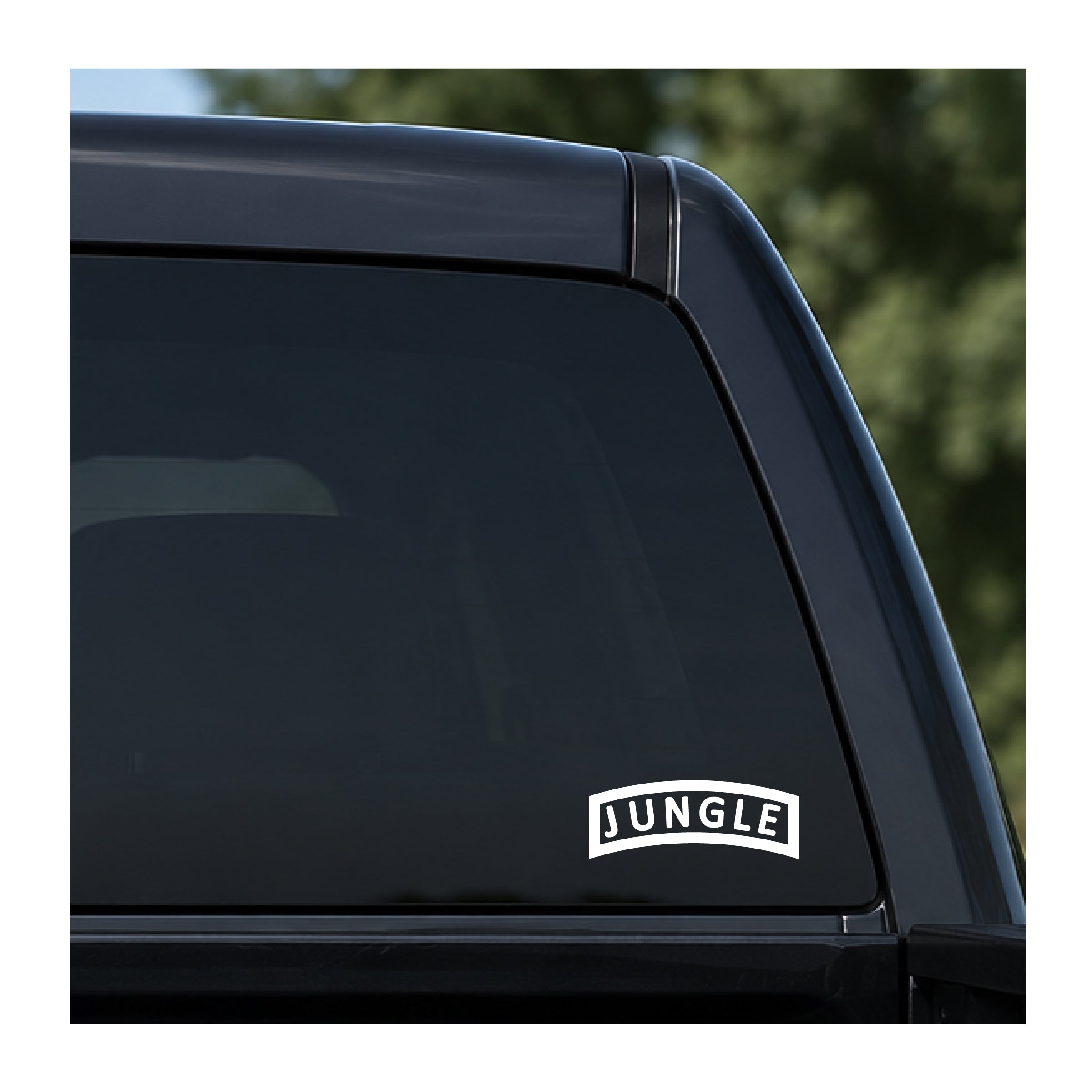 White Army Jungle tab vinyl decal on a dark rear vehicle window