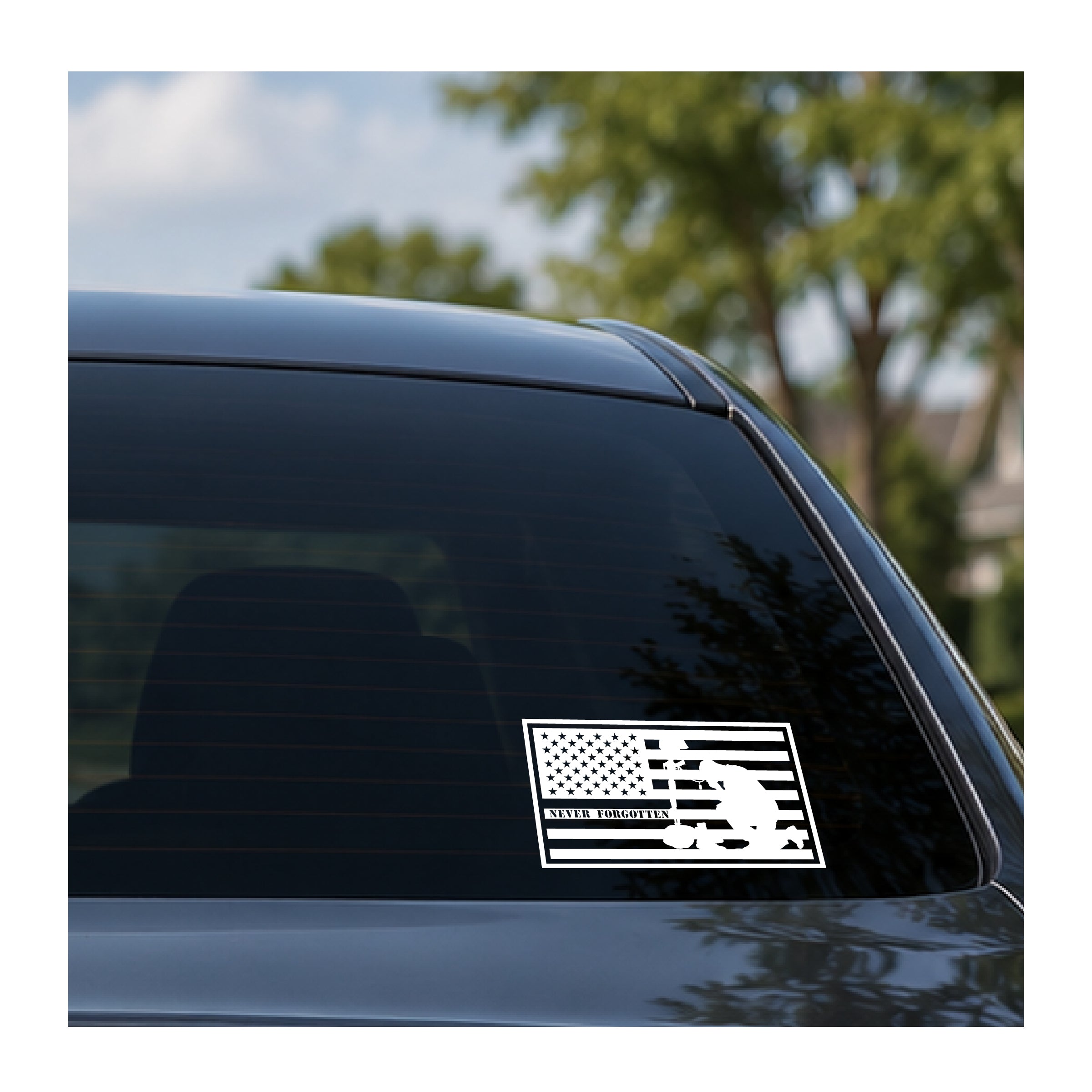 Never Forgotten Battle Cross US Flag Vinyl Decal