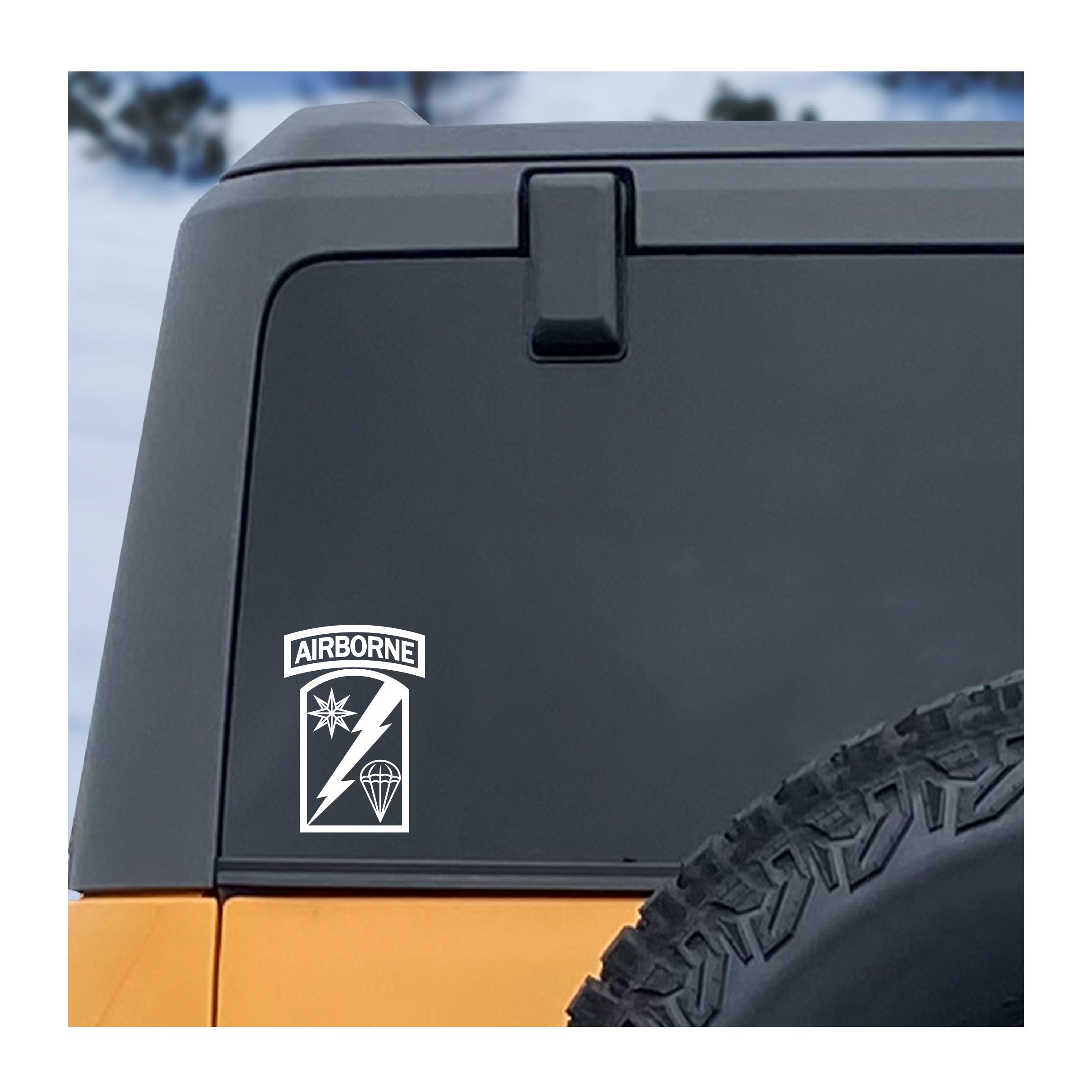 82nd Sustainment Brigade vinyl decal with airborne tab applied to a vehicle window