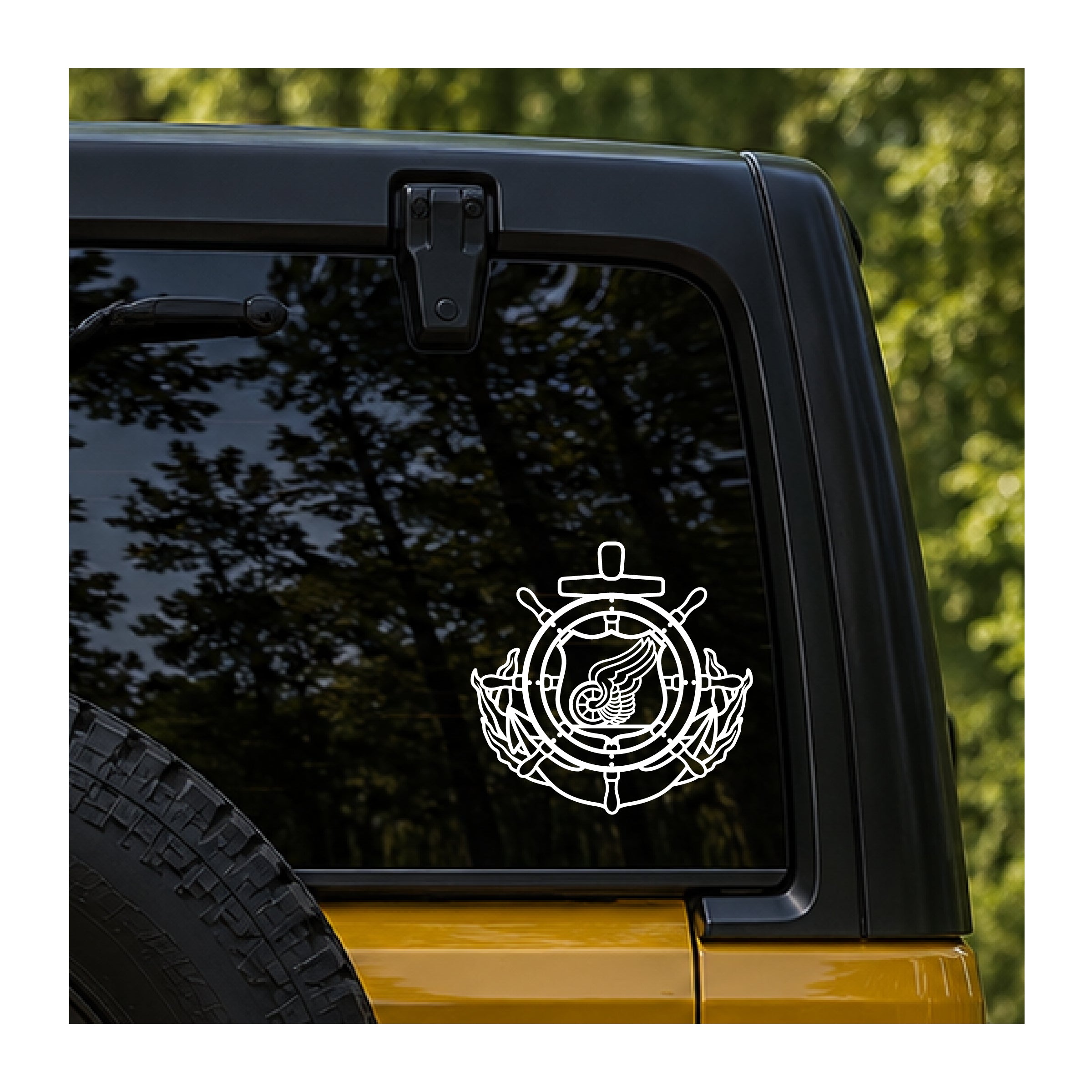 Senior Mariner Badge vinyl decal applied to a vehicle window