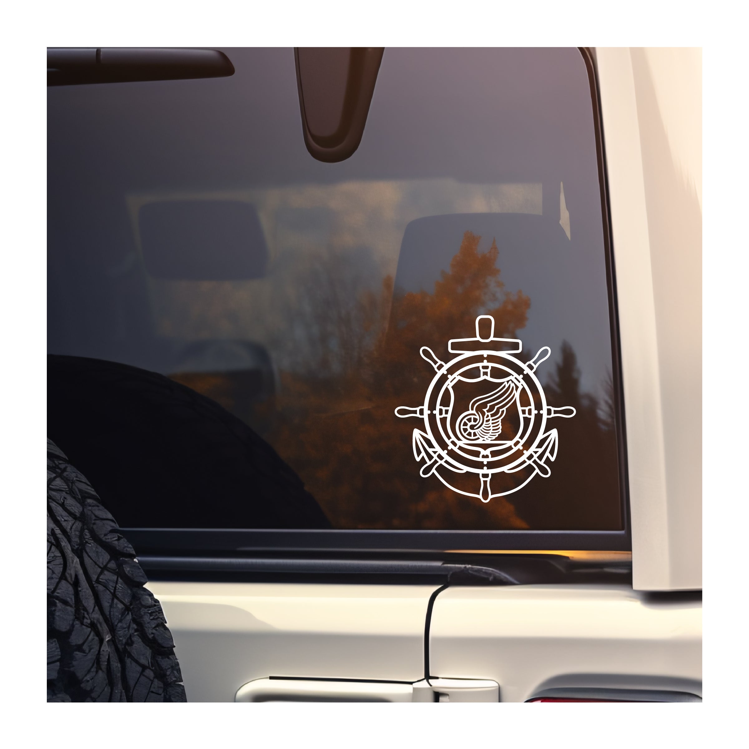 Basic Mariner Badge vinyl decal applied to a vehicle window