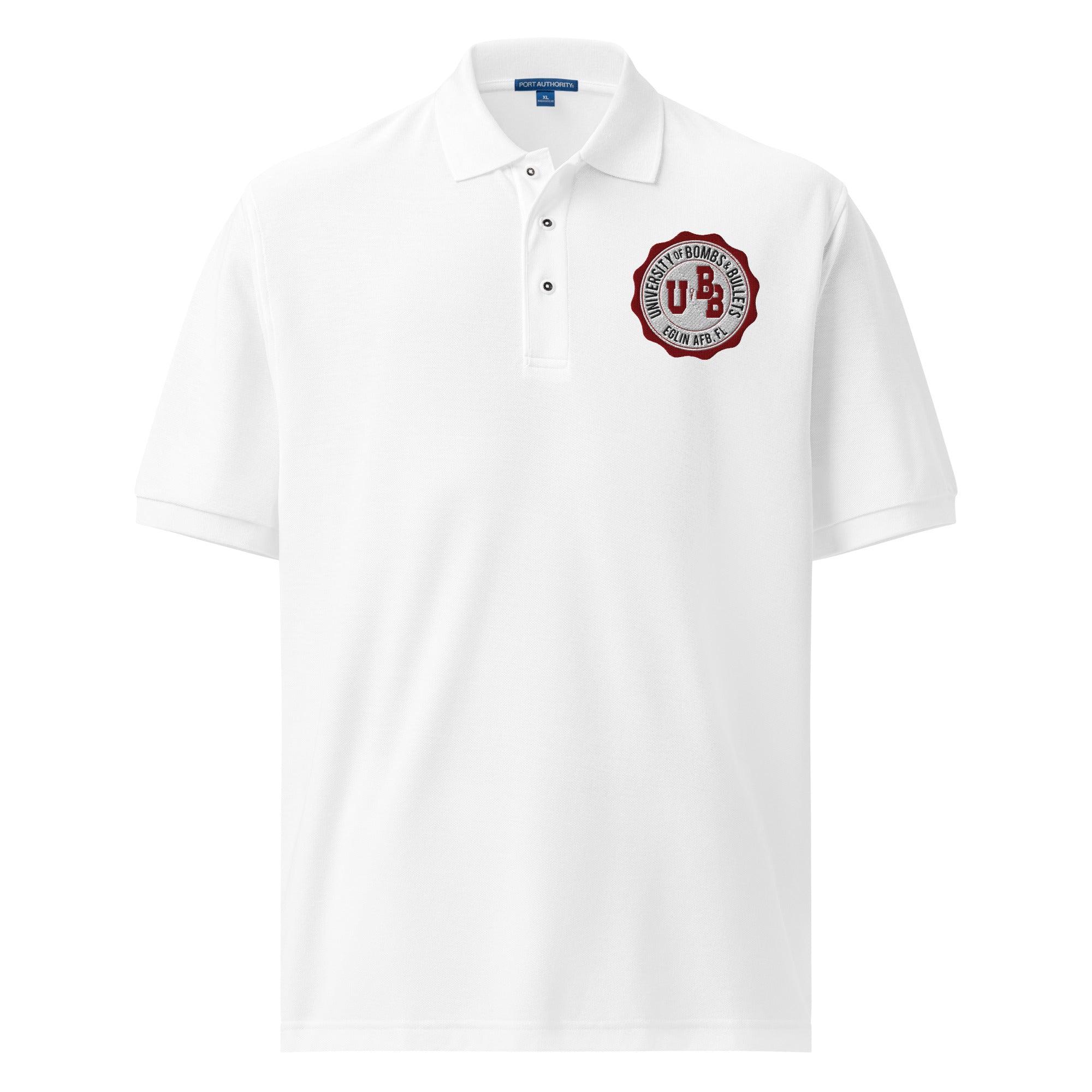 University of Bombs and Bullets Eglin premium polo, white