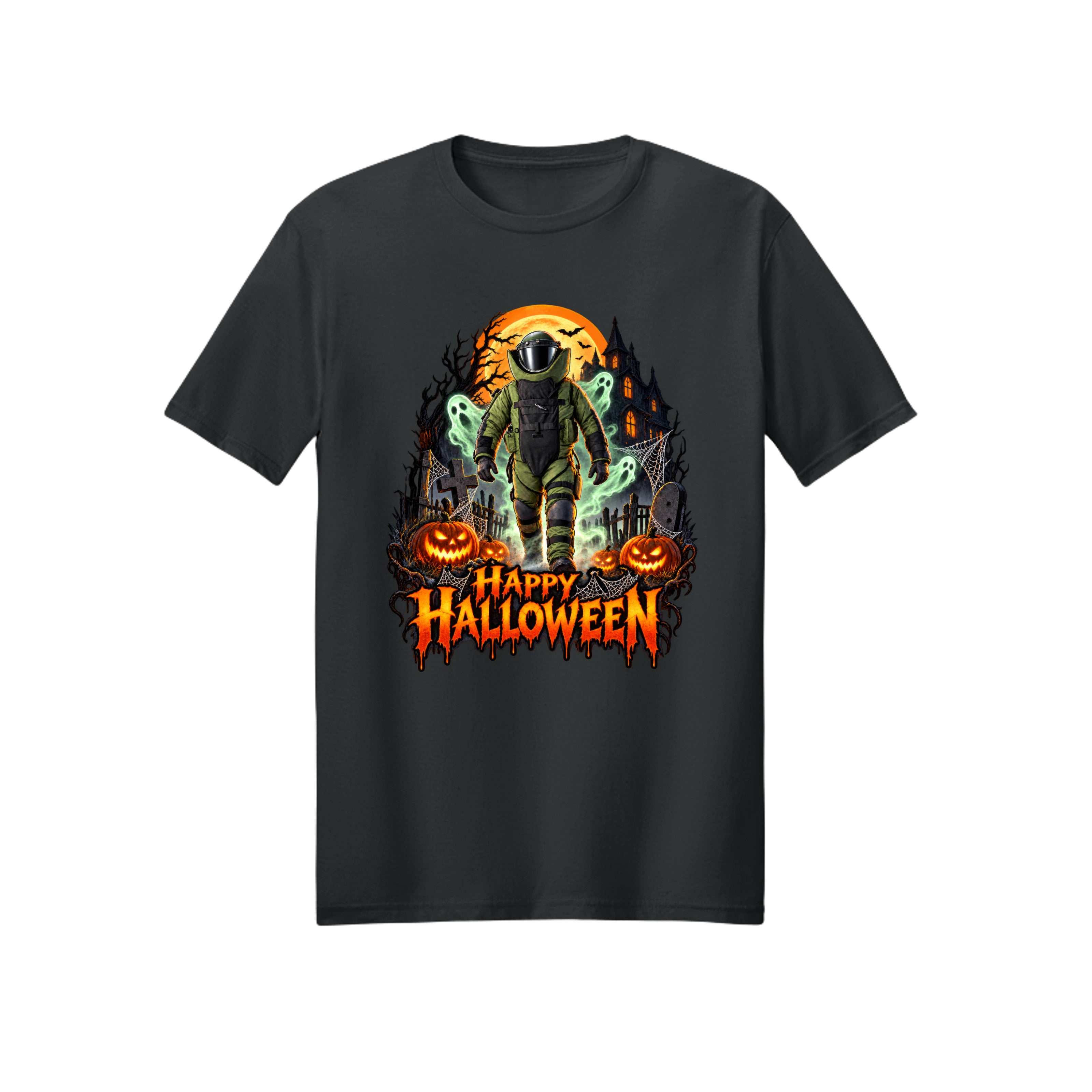Bomb Suit walking through a cemetery with ghosts, Halloween t-shirt design