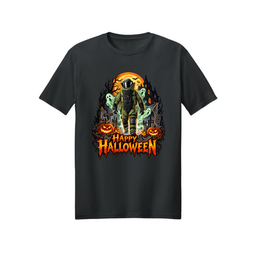 Bomb Suit walking through a cemetery with ghosts, Halloween t-shirt design