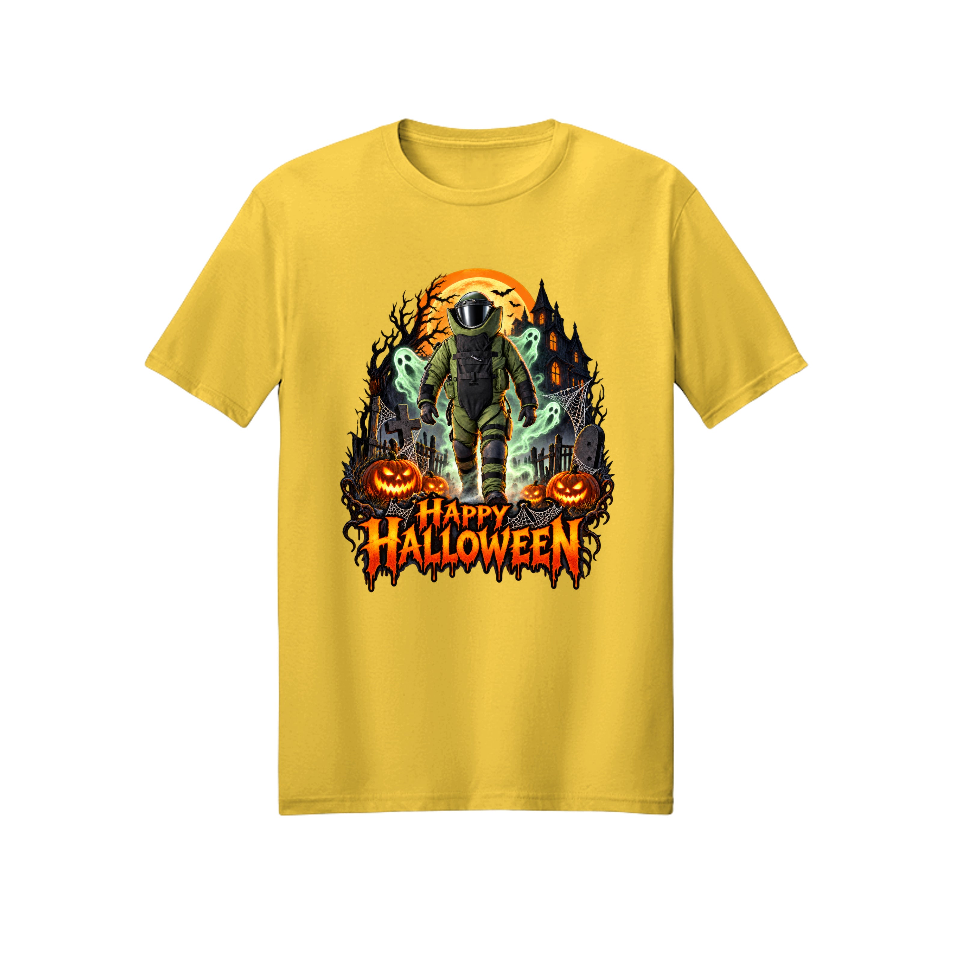 Bomb Suit walking through a cemetery with ghosts, Halloween t-shirt design