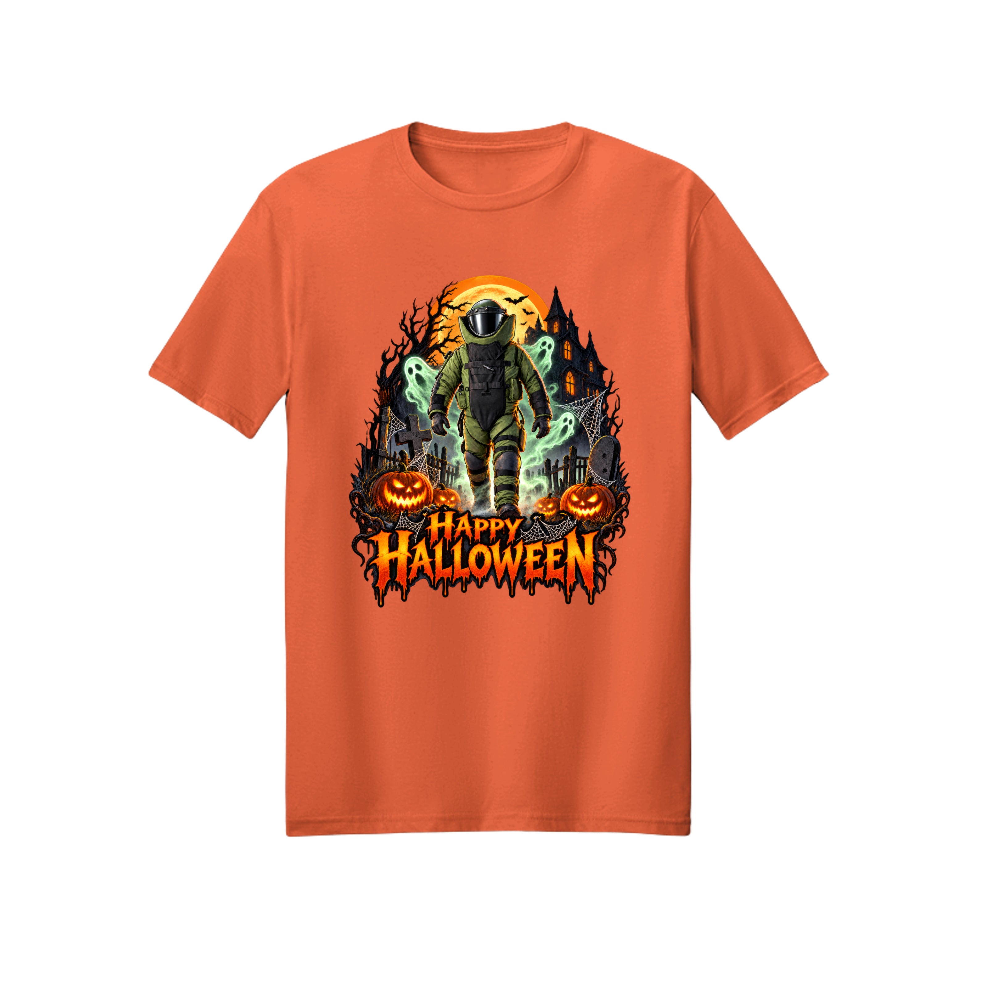 Bomb Suit walking through a cemetery with ghosts, Halloween t-shirt design