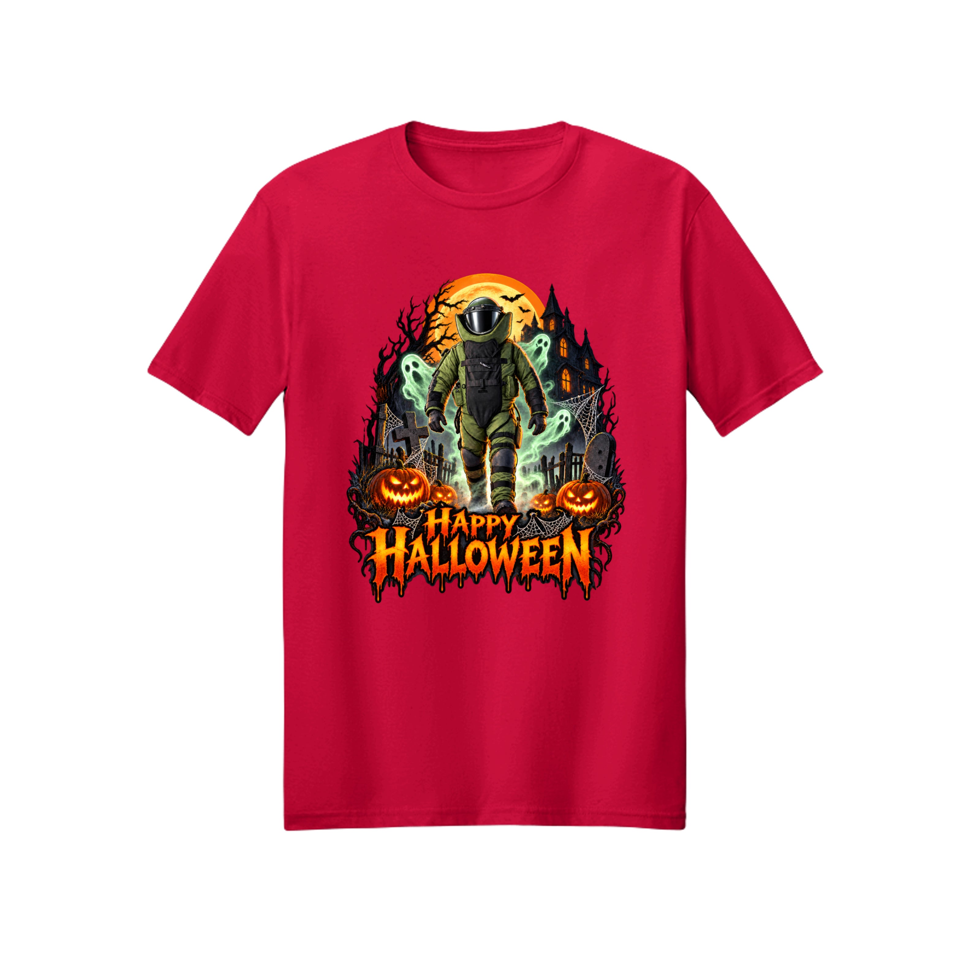 Bomb Suit walking through a cemetery with ghosts, Halloween t-shirt design