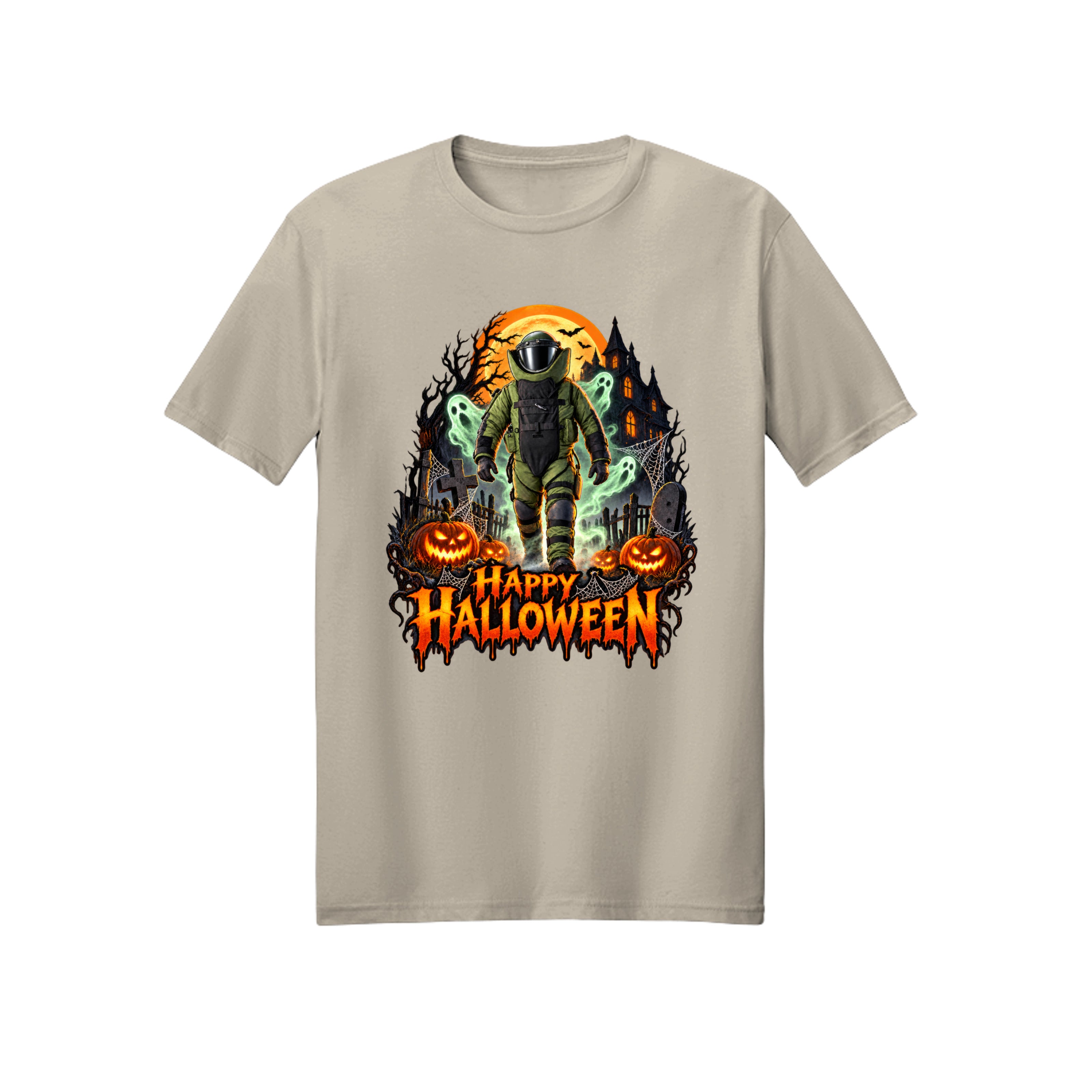 Bomb Suit walking through a cemetery with ghosts, Halloween t-shirt design