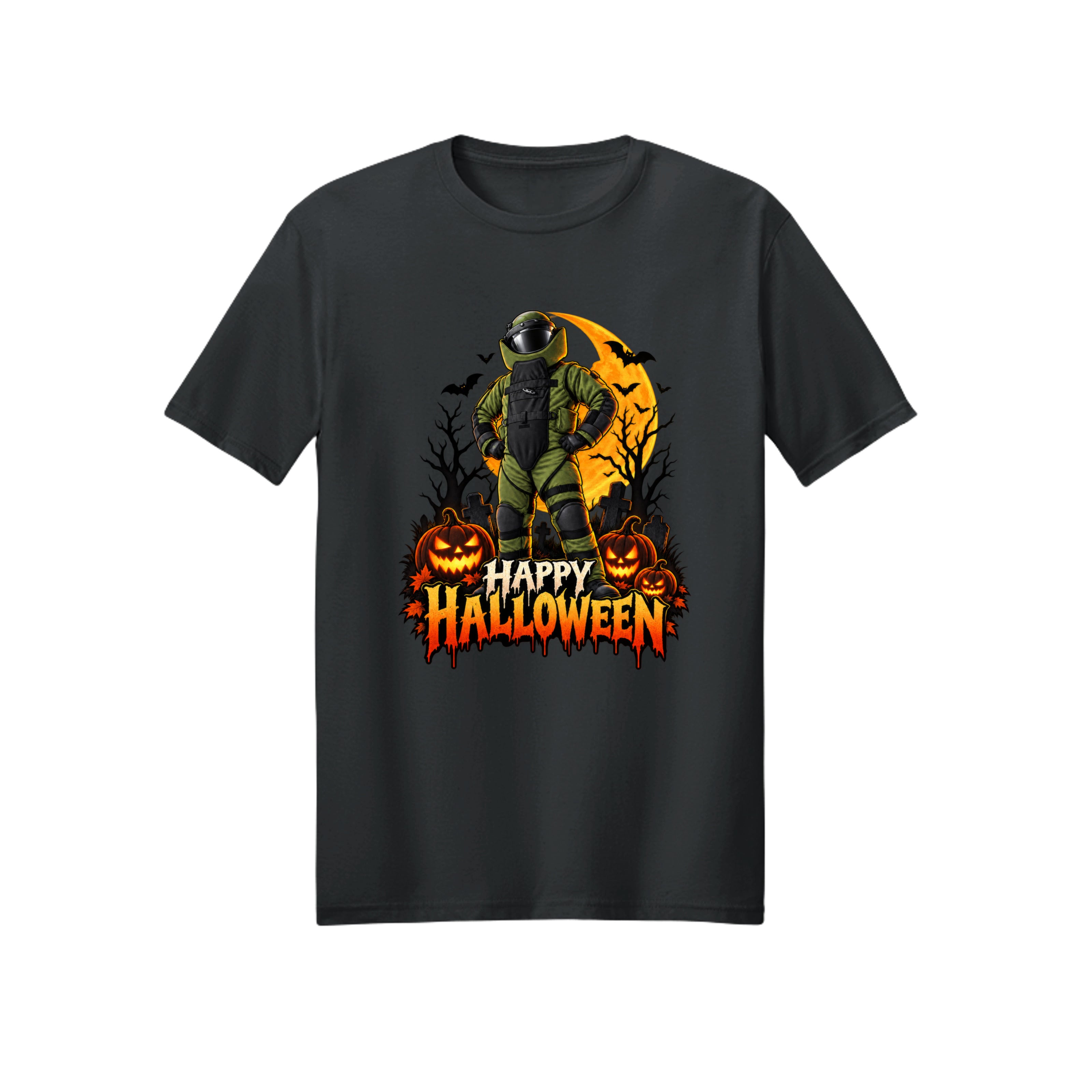 Bomb Suit posing heroically at night, Halloween t-shirt design
