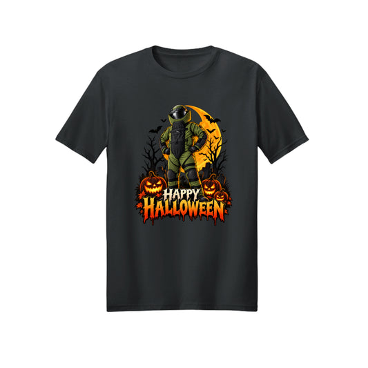Bomb Suit posing heroically at night, Halloween t-shirt design