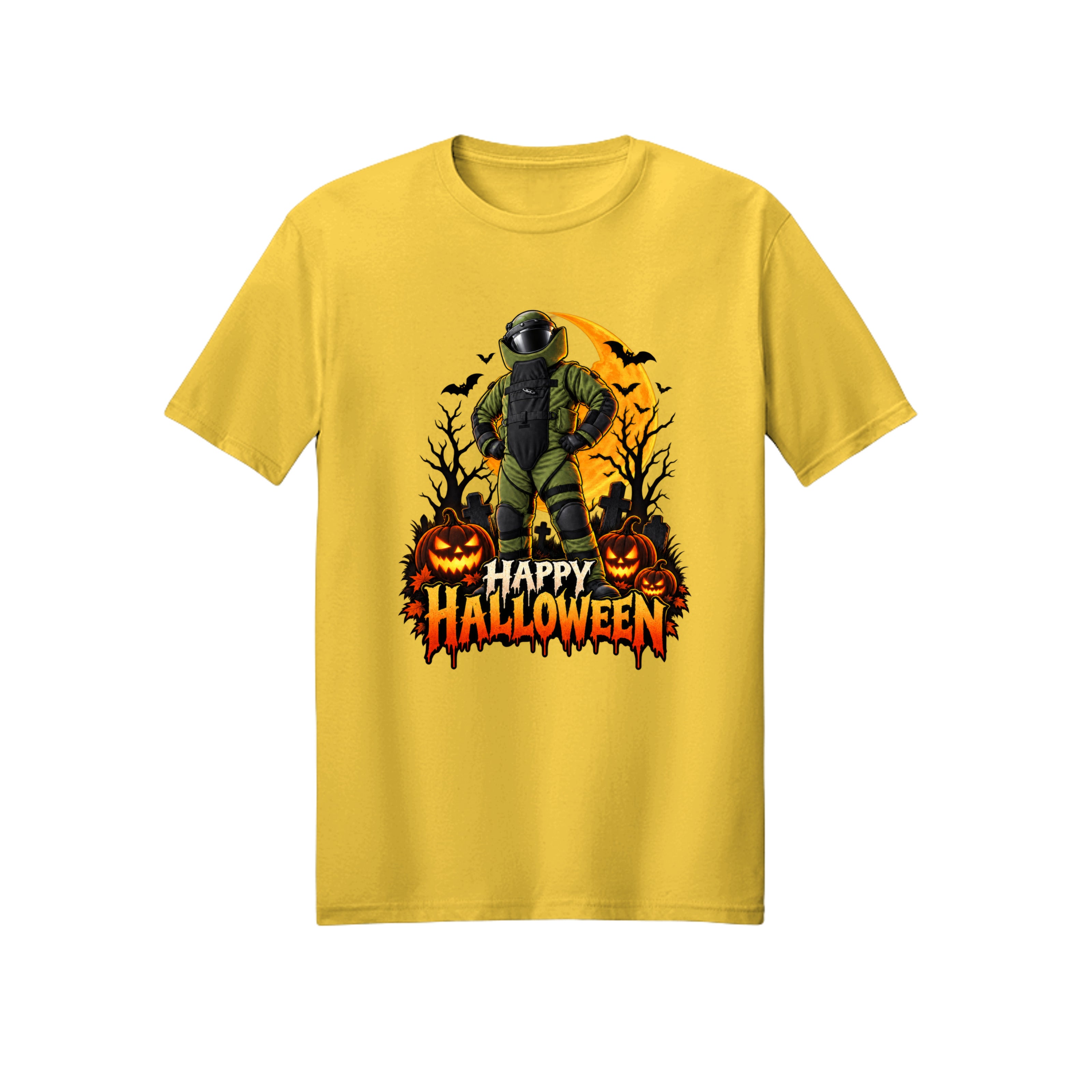 Bomb Suit posing heroically at night, Halloween t-shirt design