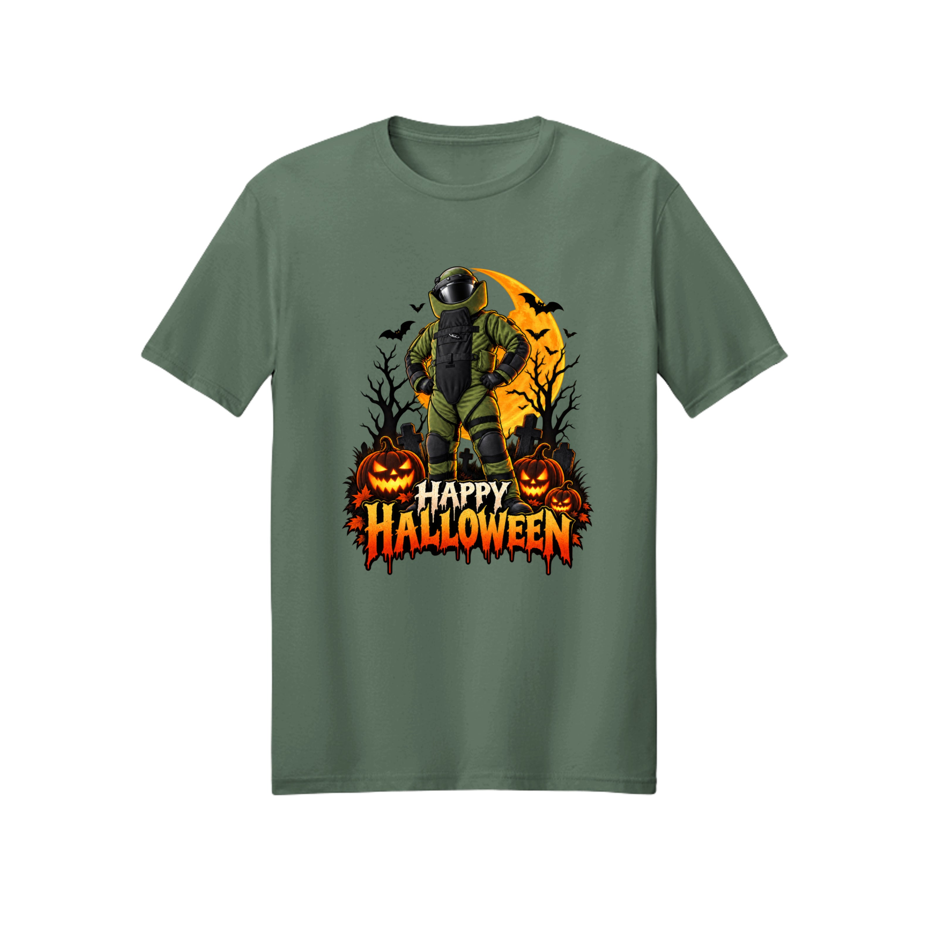 Bomb Suit posing heroically at night, Halloween t-shirt design