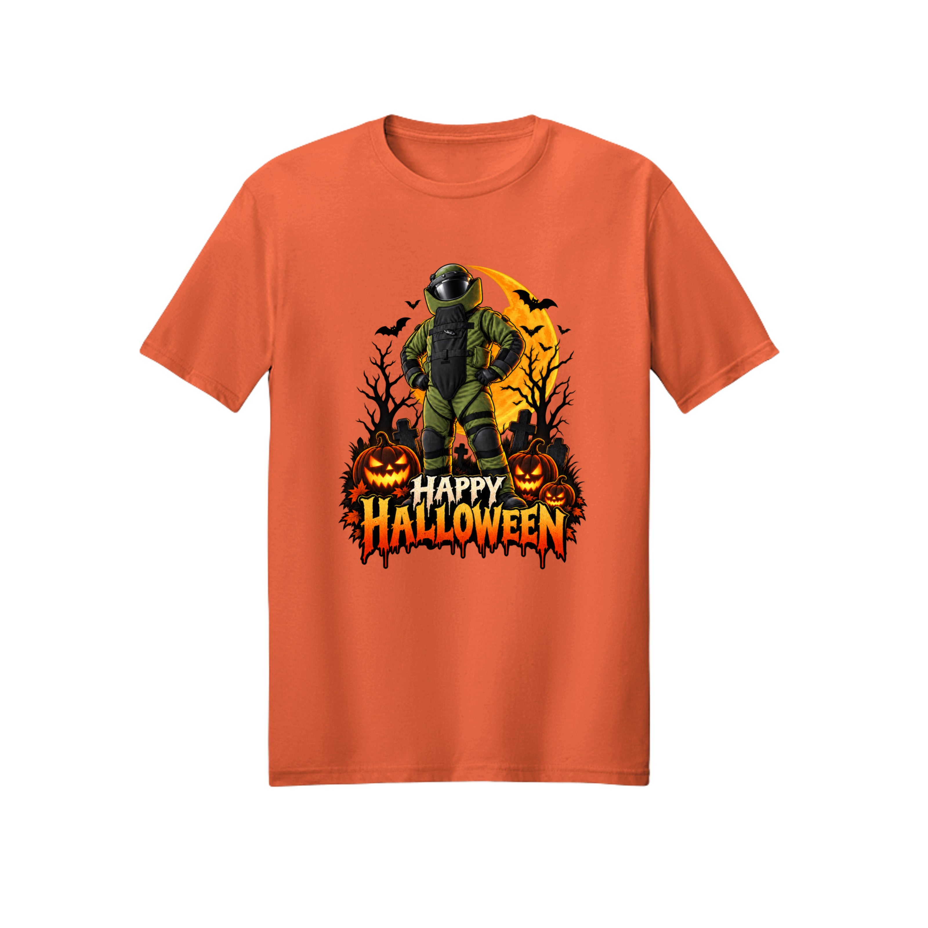 Bomb Suit posing heroically at night, Halloween t-shirt design