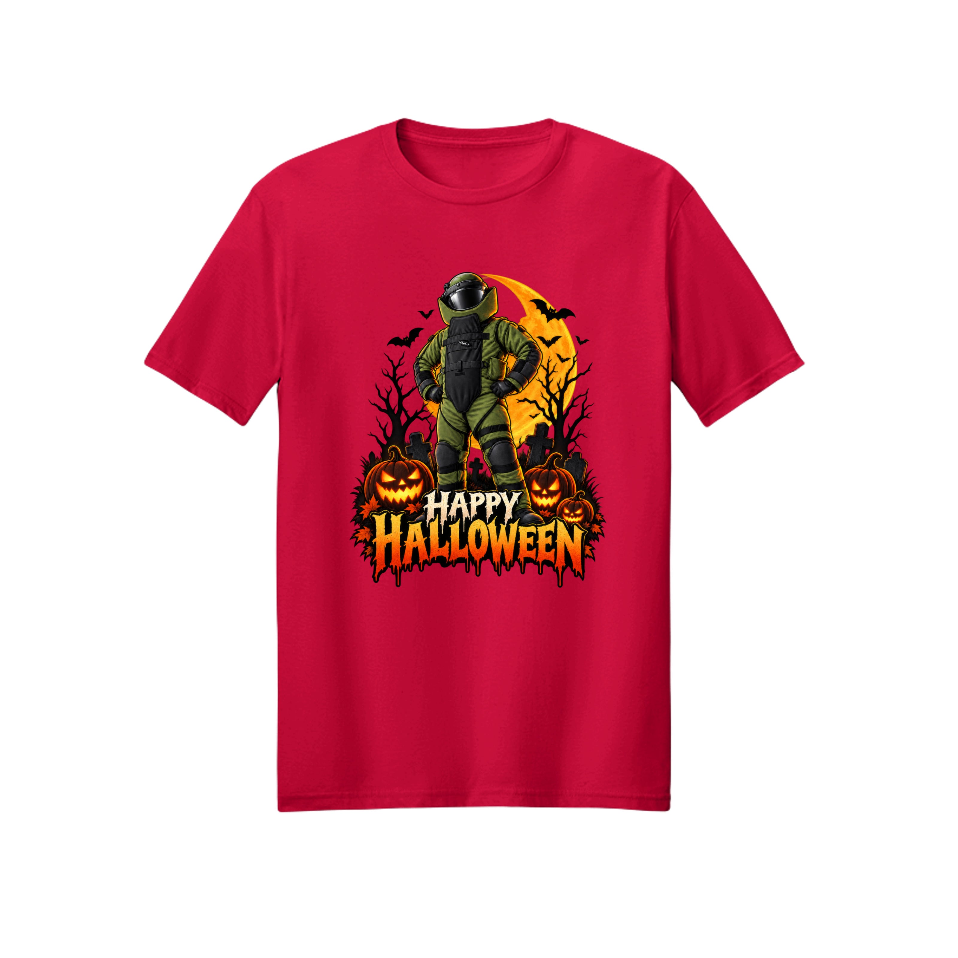 Bomb Suit posing heroically at night, Halloween t-shirt design