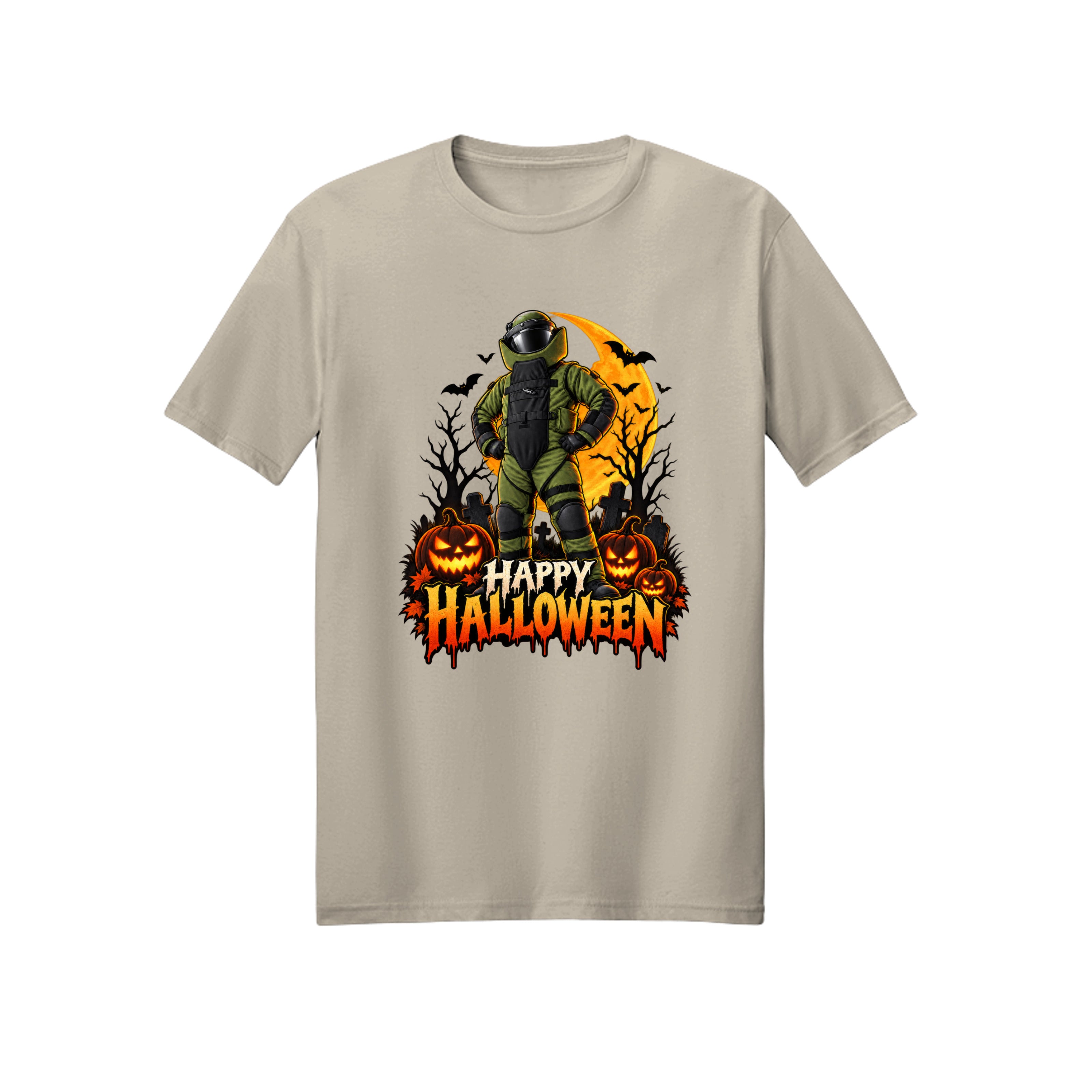 Bomb Suit posing heroically at night, Halloween t-shirt design