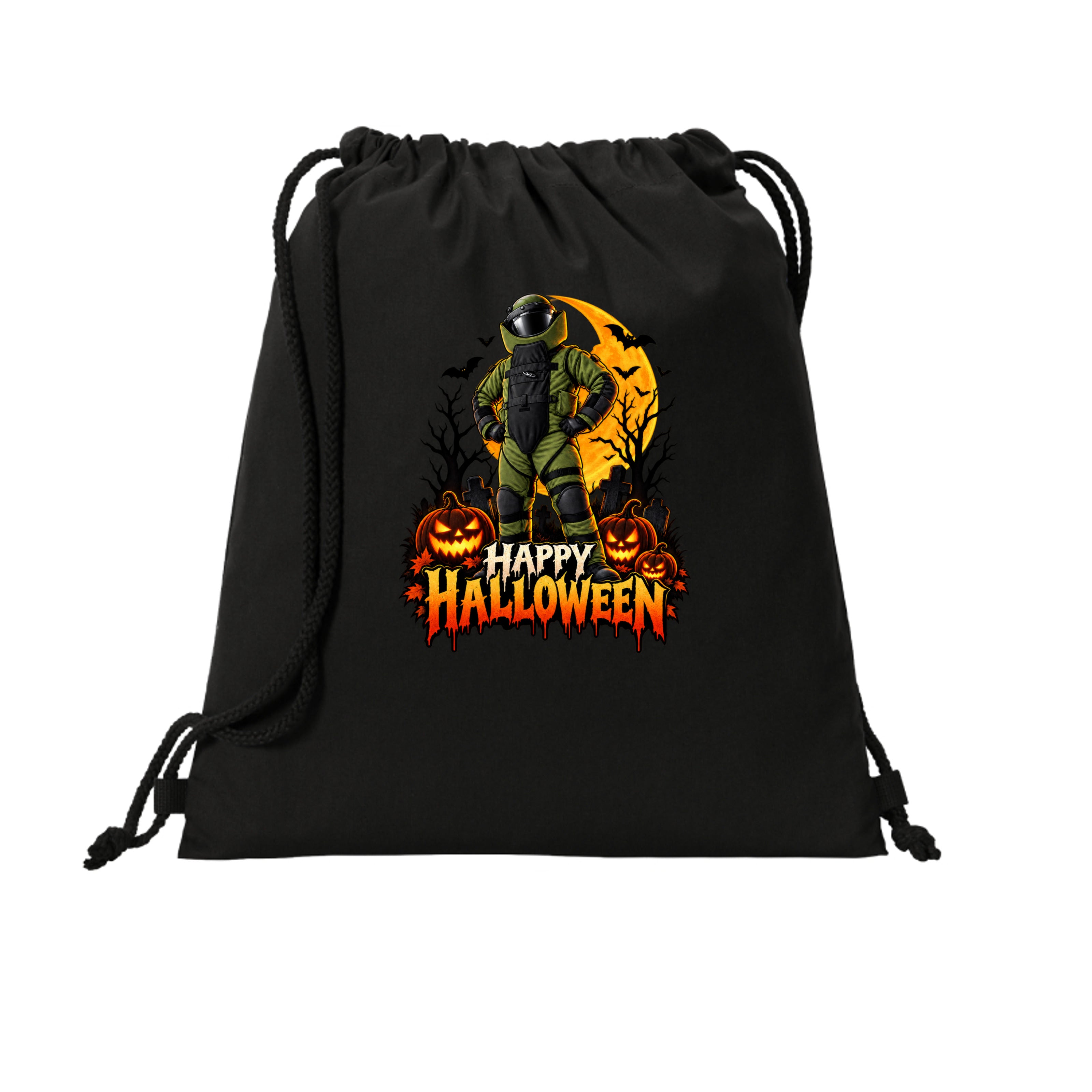 Bomb Suit posing heroically at night, Halloween cinch bag design