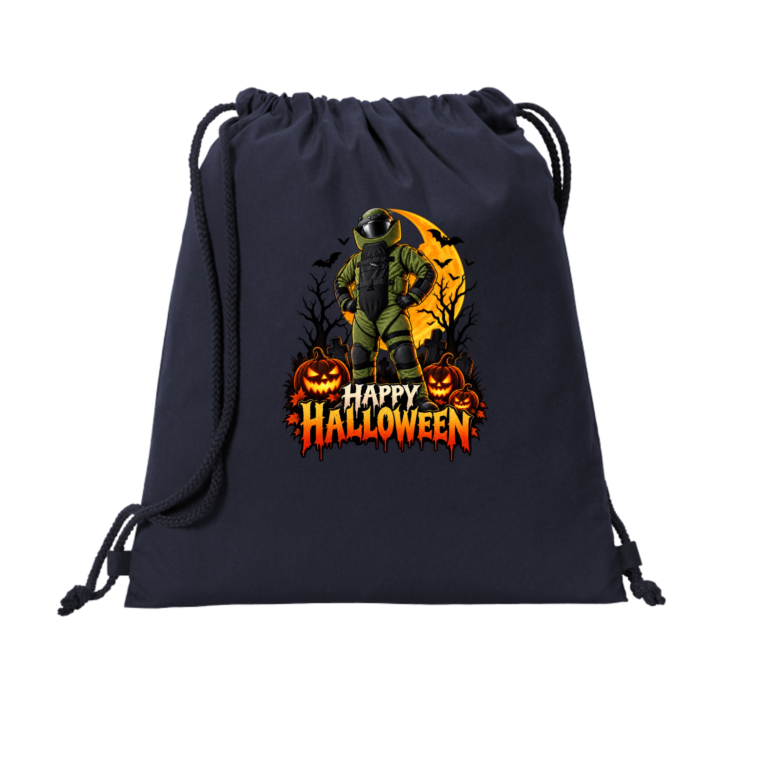 Bomb Suit posing heroically at night, Halloween cinch bag design