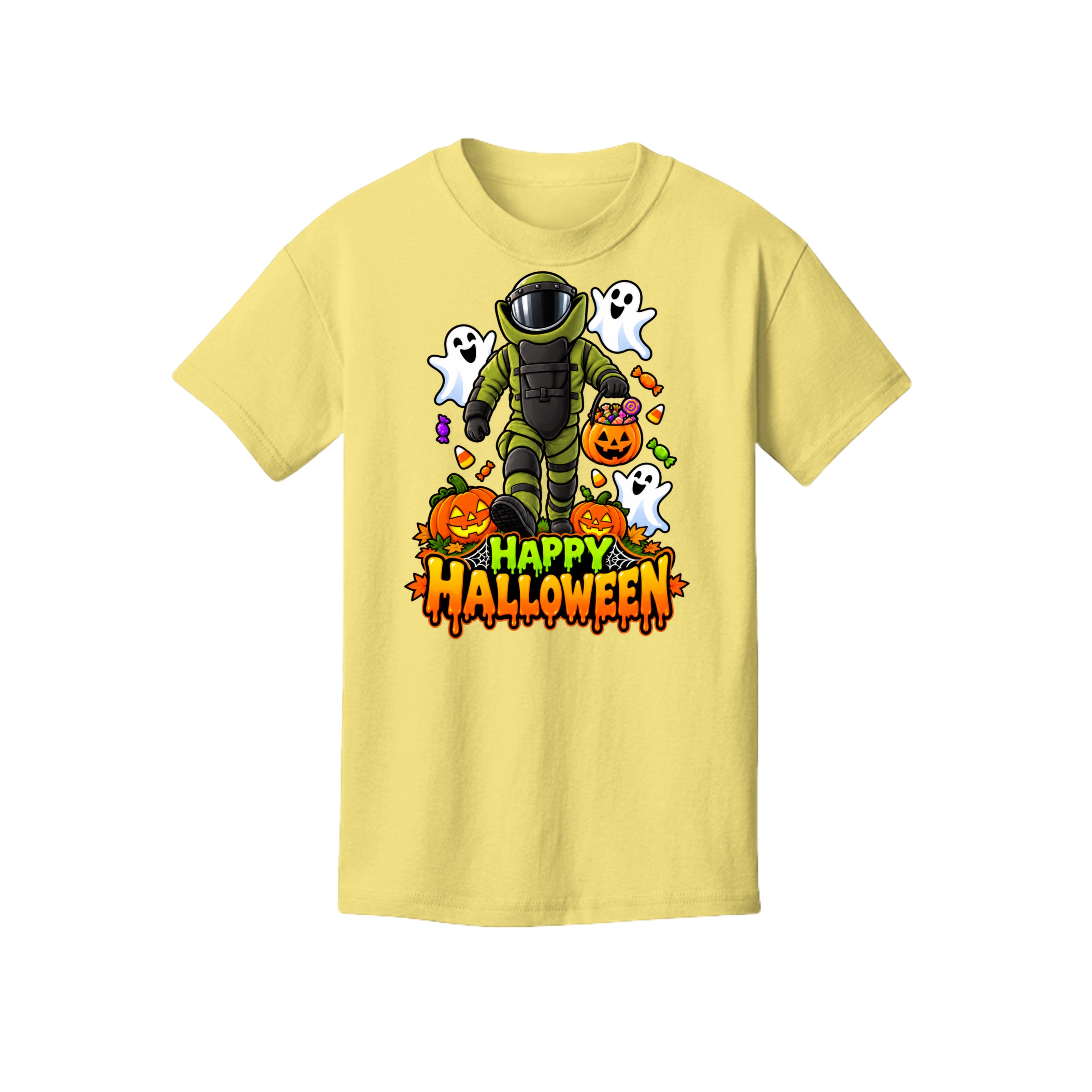 Bomb Suit Halloween design with candy and happy ghosts on a kids t-shirt