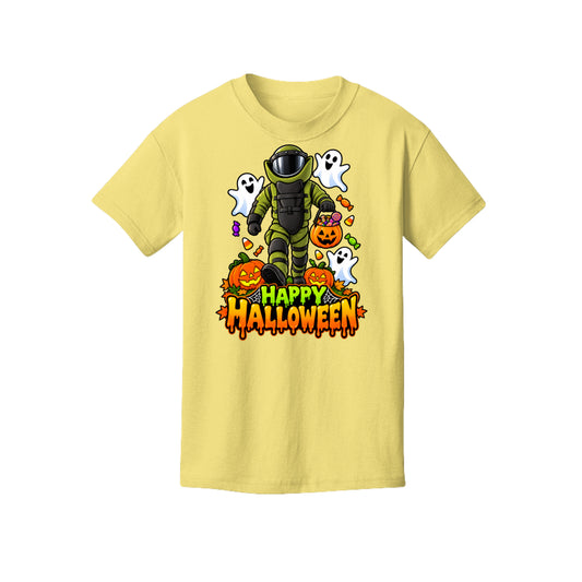 Bomb Suit Halloween design with candy and happy ghosts on a kids t-shirt