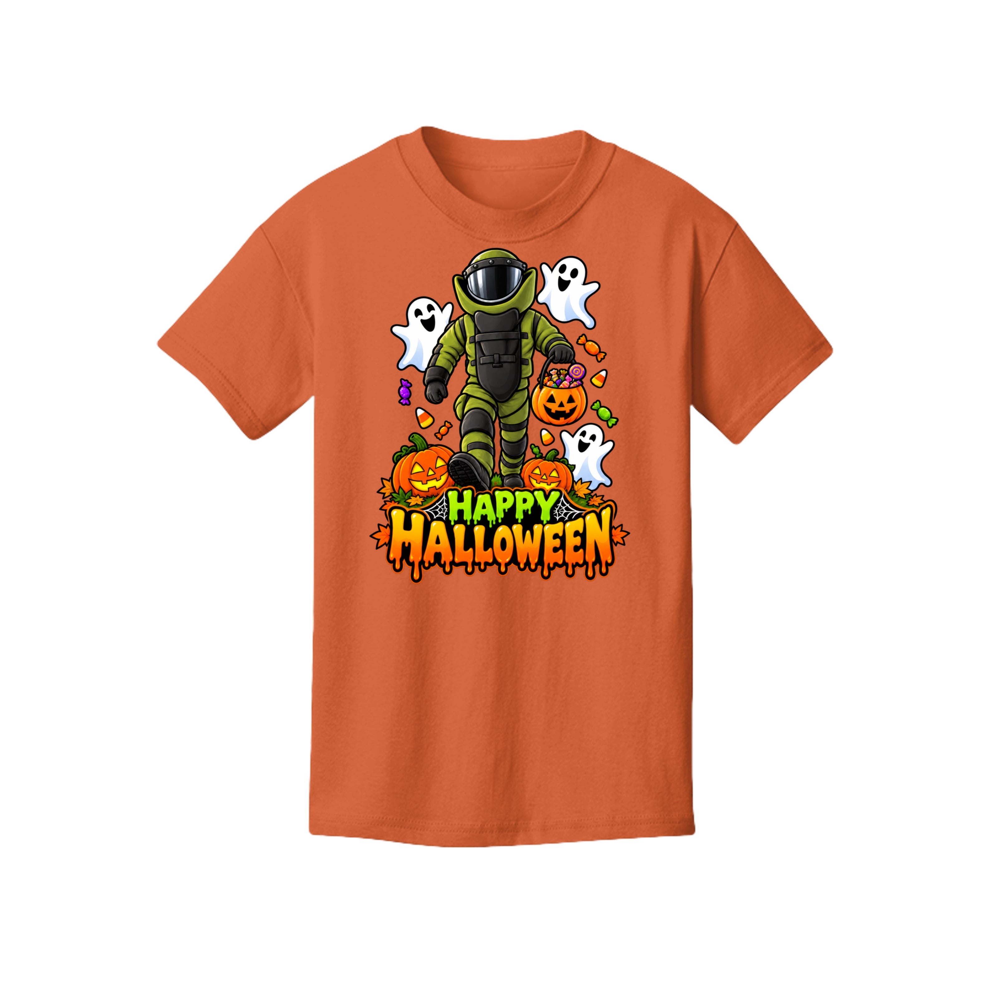 Bomb Suit Halloween design with candy and happy ghosts on a kids t-shirt