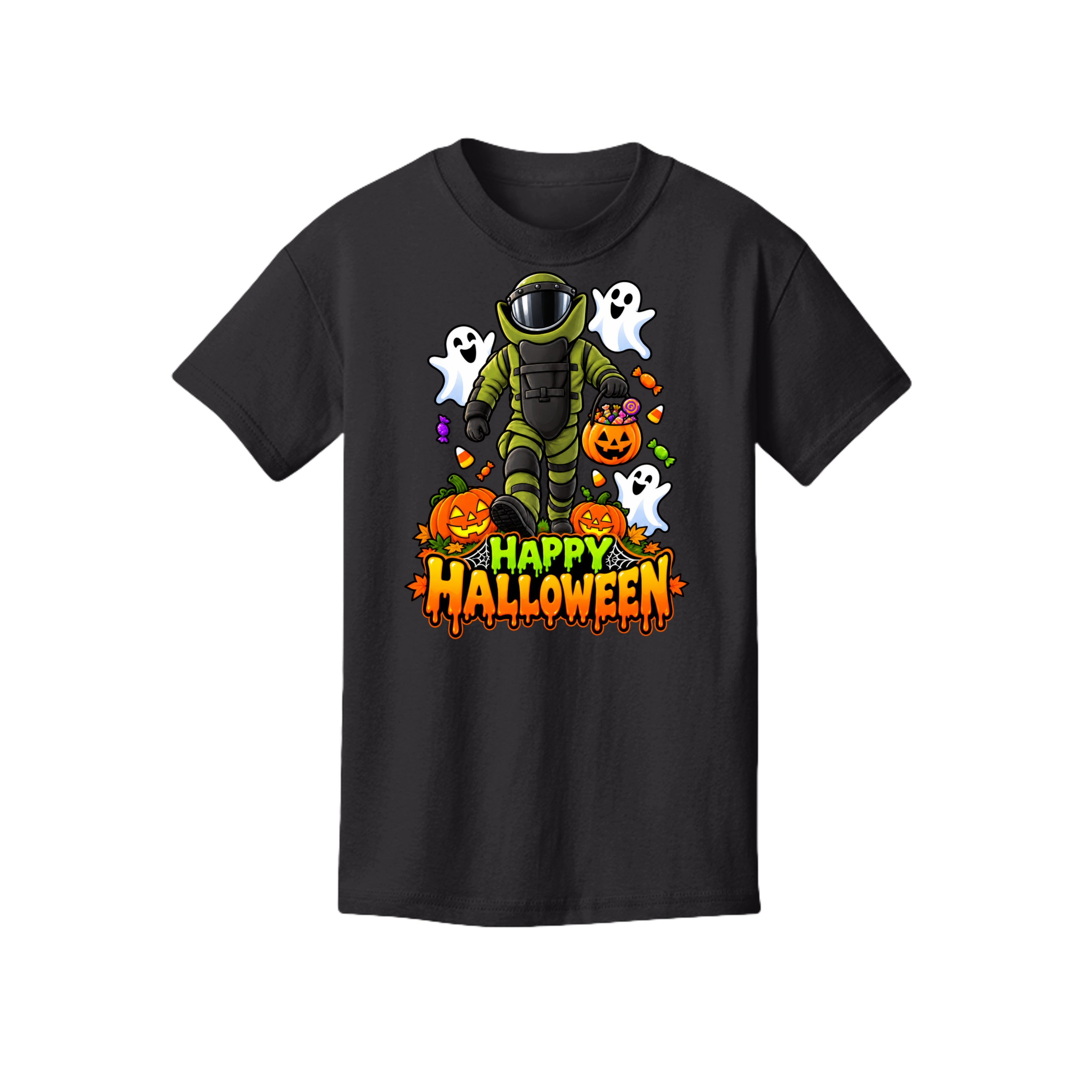 Bomb Suit Halloween design with candy and happy ghosts on a kids t-shirt