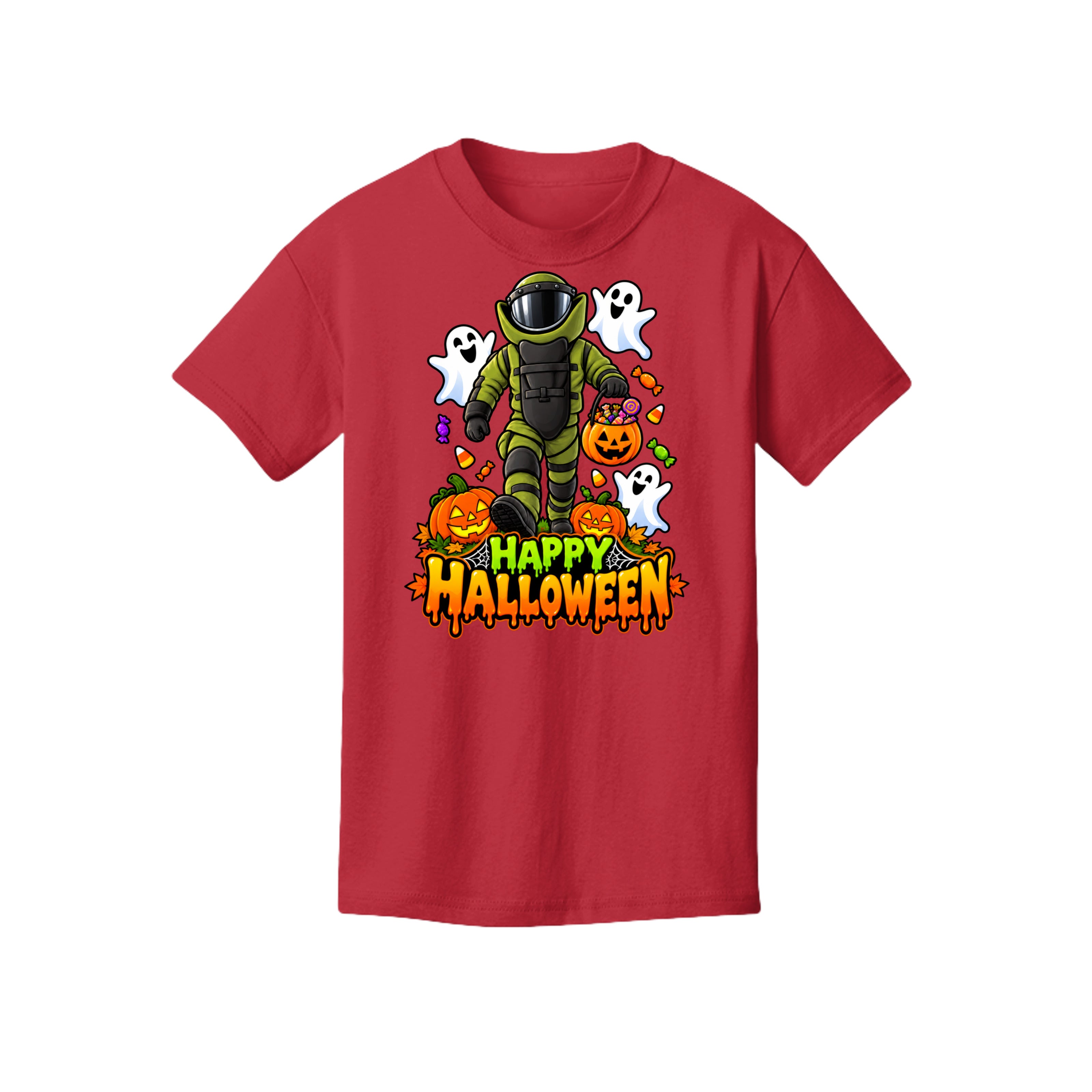 Bomb Suit Halloween design with candy and happy ghosts on a kids t-shirt