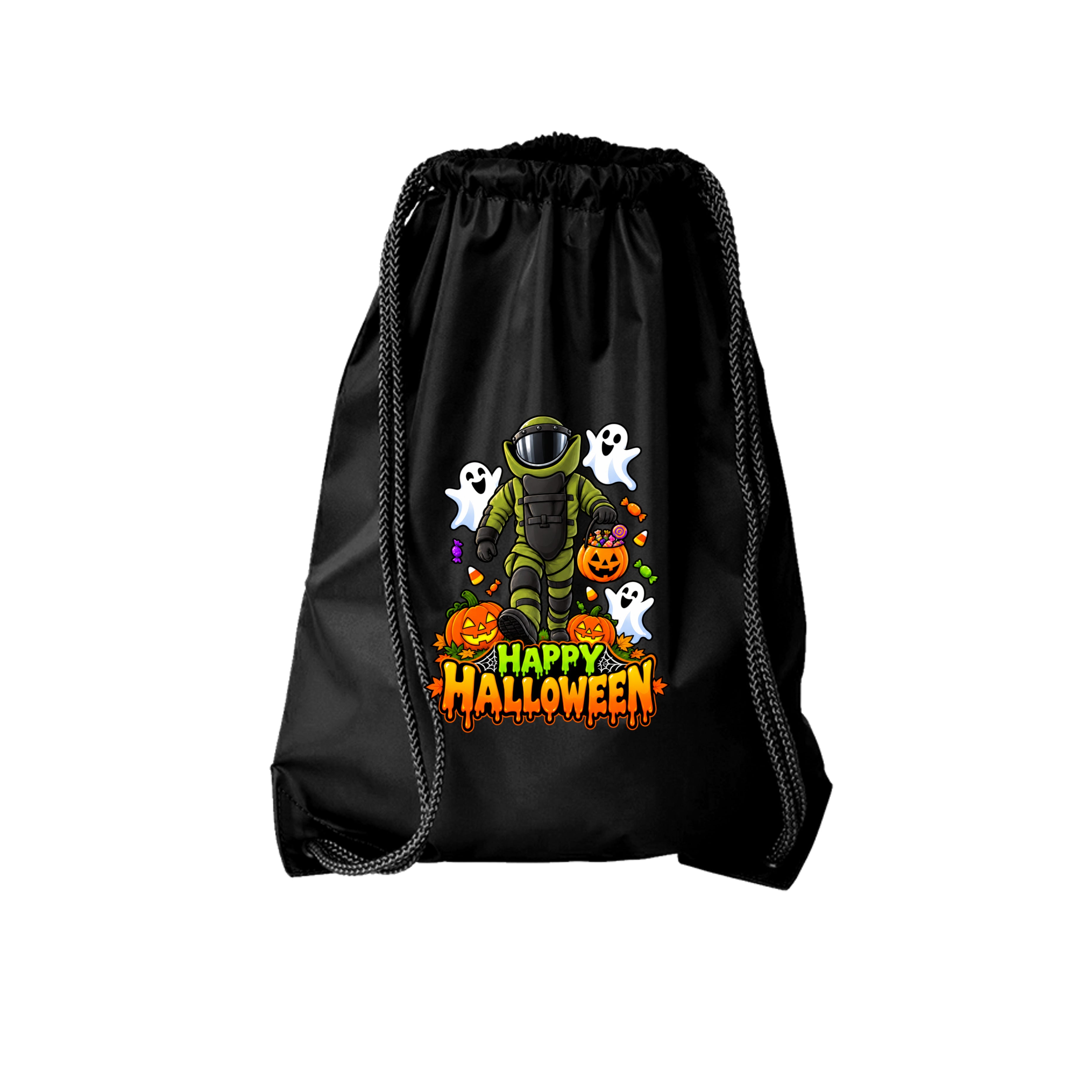 Bomb Suit Halloween design with candy and happy ghosts on a kids drawstring candy bag