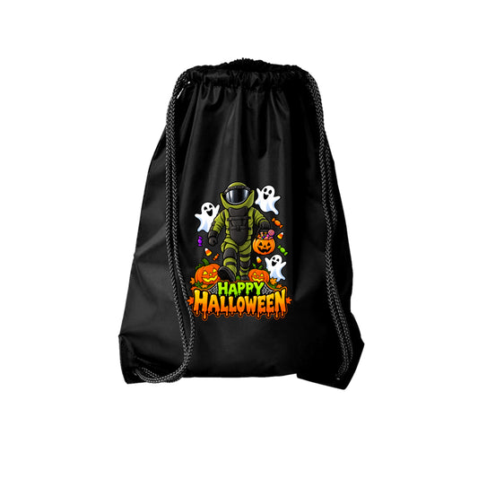 Bomb Suit Halloween design with candy and happy ghosts on a kids drawstring candy bag