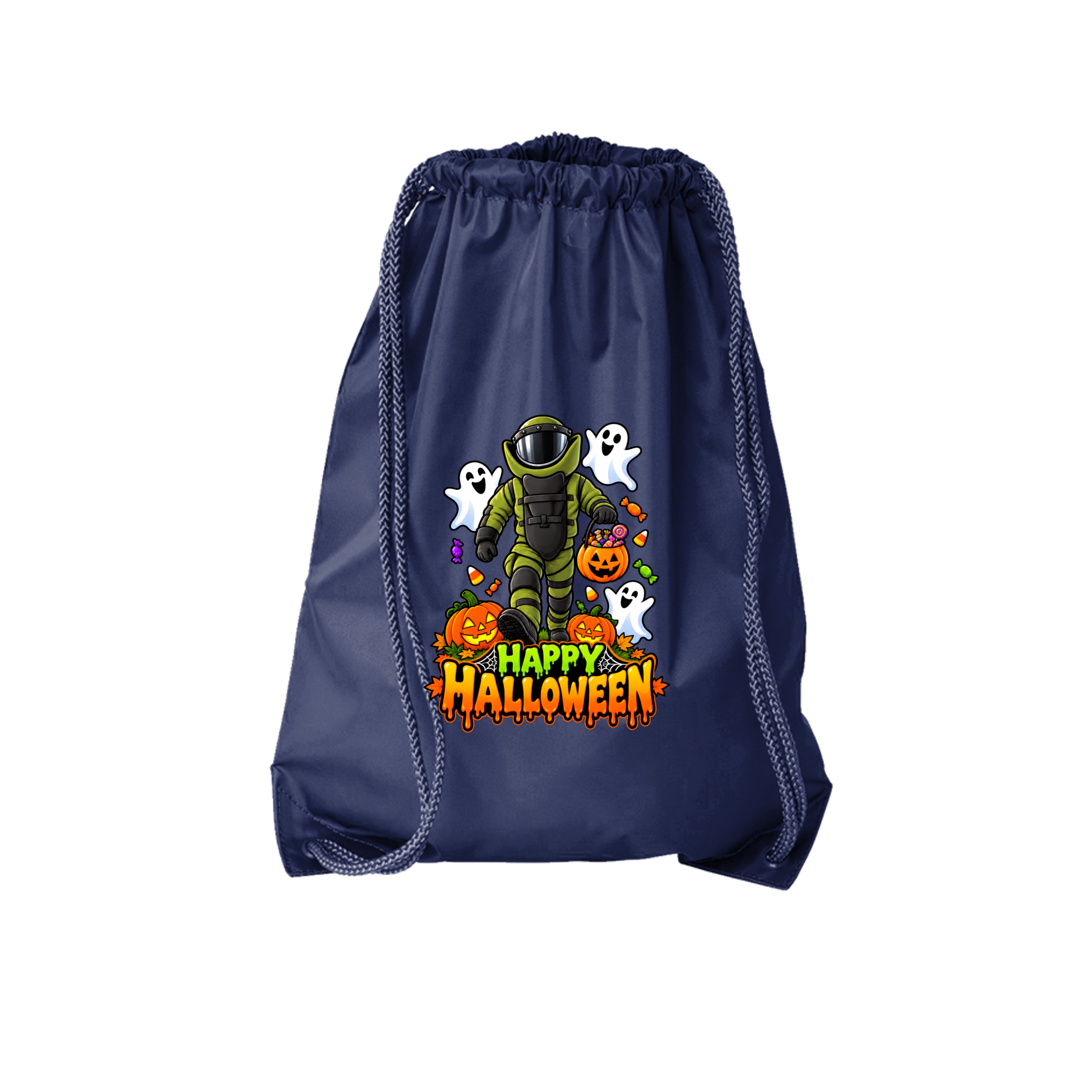 Bomb Suit Halloween design with candy and happy ghosts on a kids drawstring candy bag