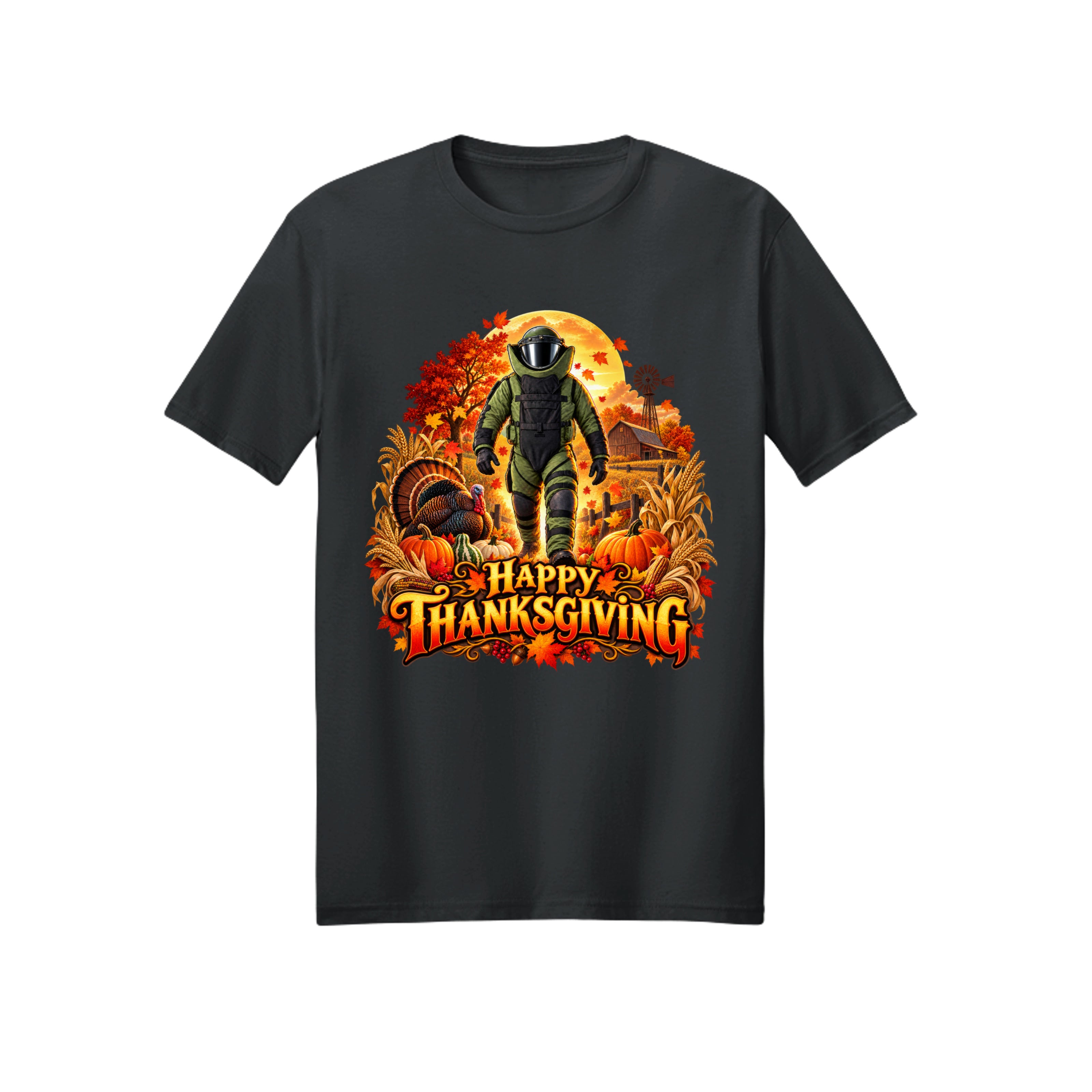 Bomb Suit Thanksgiving T-shirt design — a bomb suit character with a live turkey on a fall day