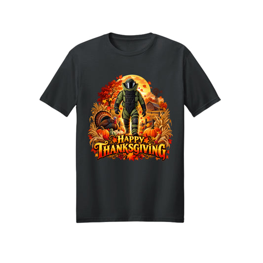 Bomb Suit Thanksgiving T-shirt design — a bomb suit character with a live turkey on a fall day