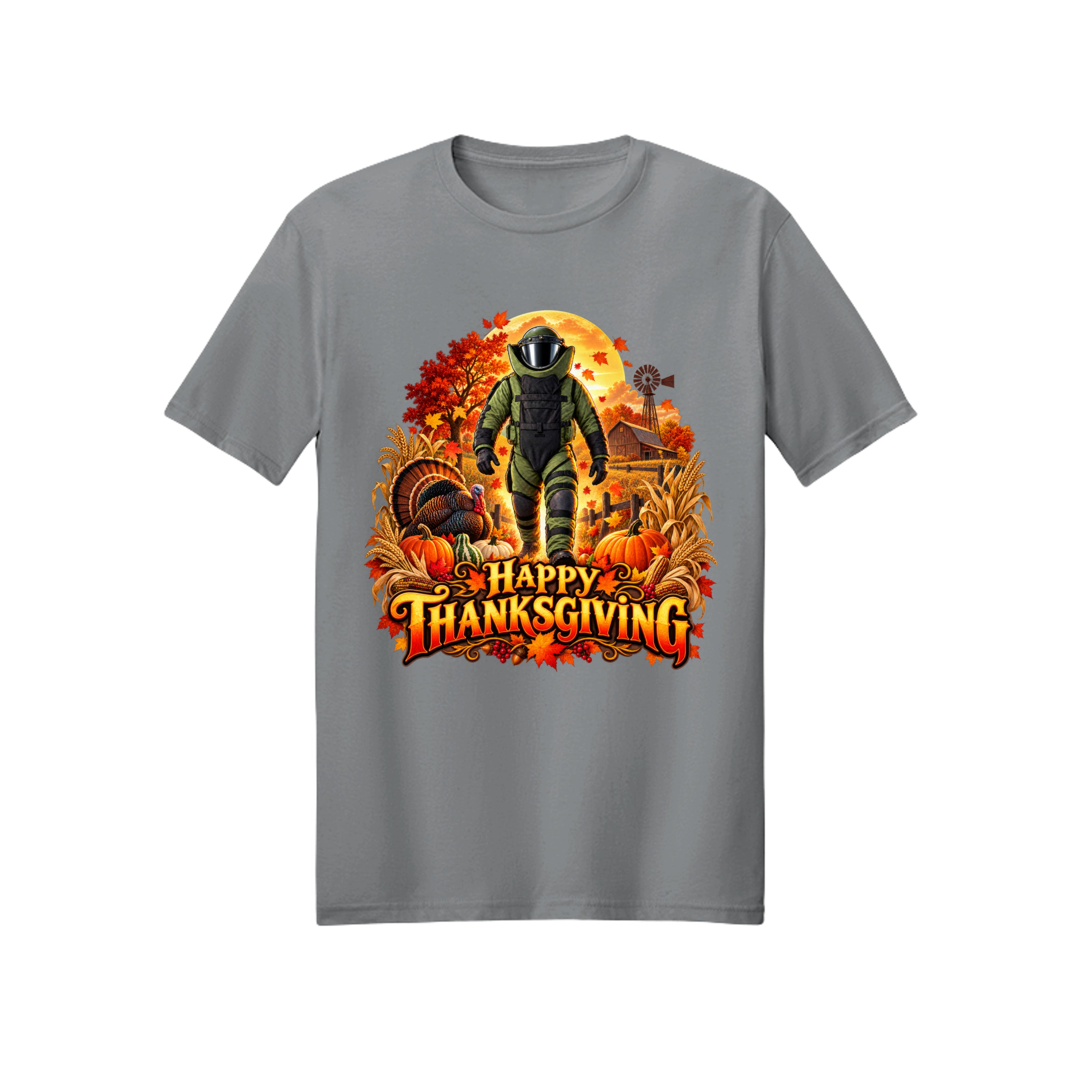 Bomb Suit Thanksgiving T-shirt design — a bomb suit character with a live turkey on a fall day