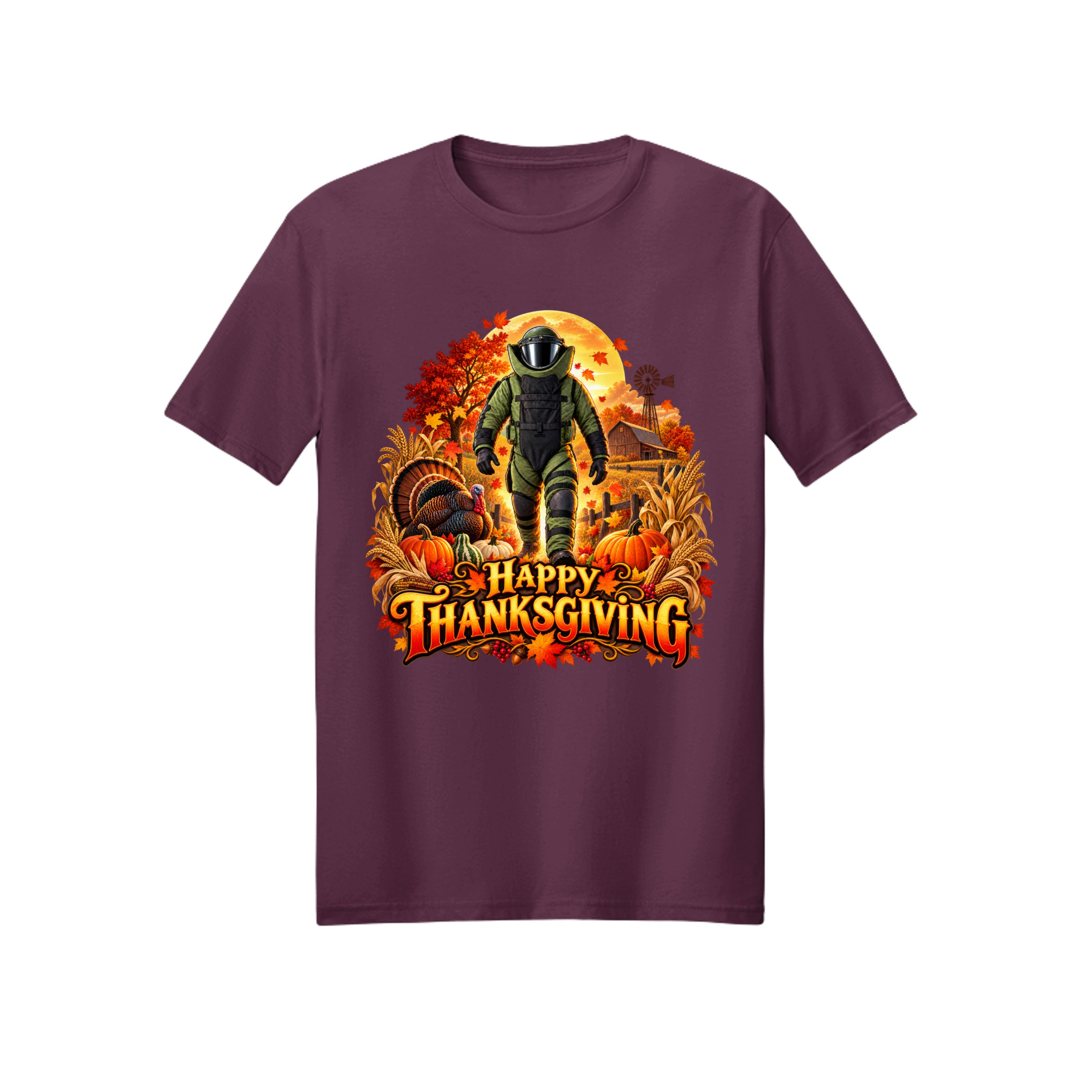 Bomb Suit Thanksgiving T-shirt design — a bomb suit character with a live turkey on a fall day
