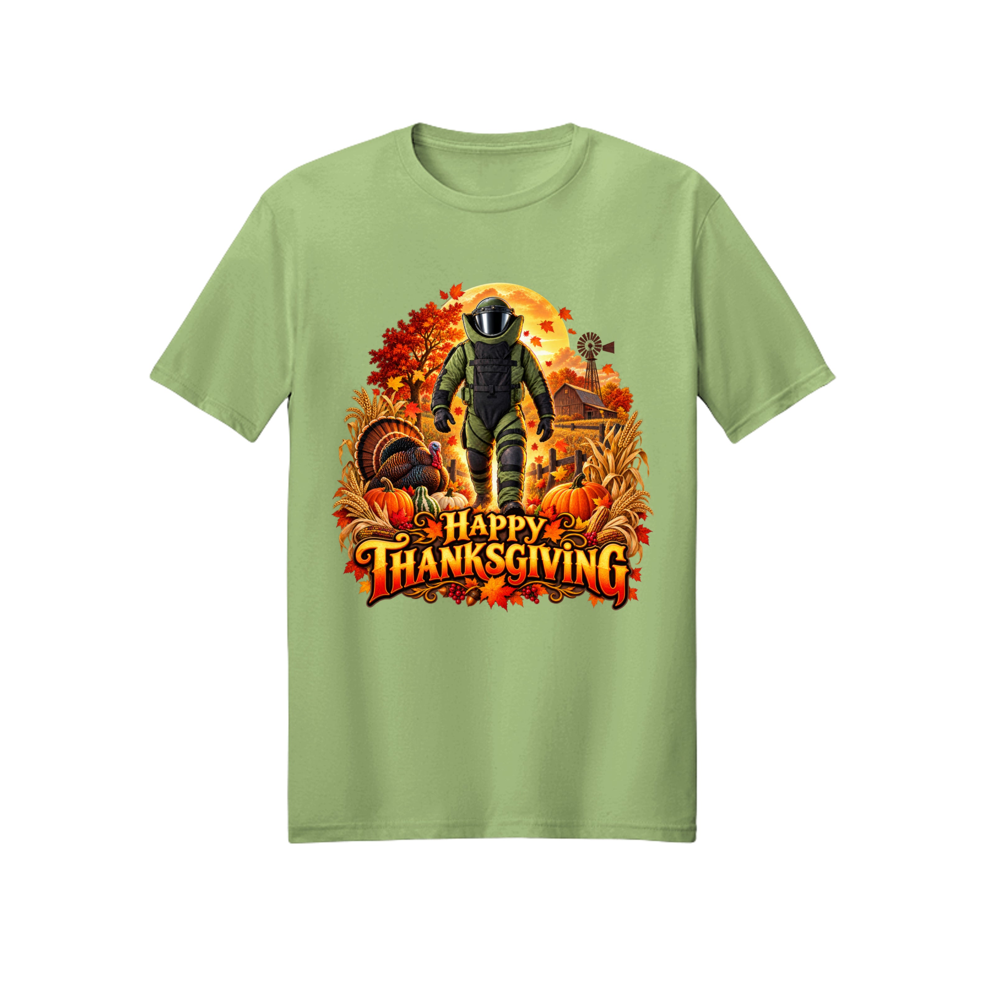 Bomb Suit Thanksgiving T-shirt design — a bomb suit character with a live turkey on a fall day